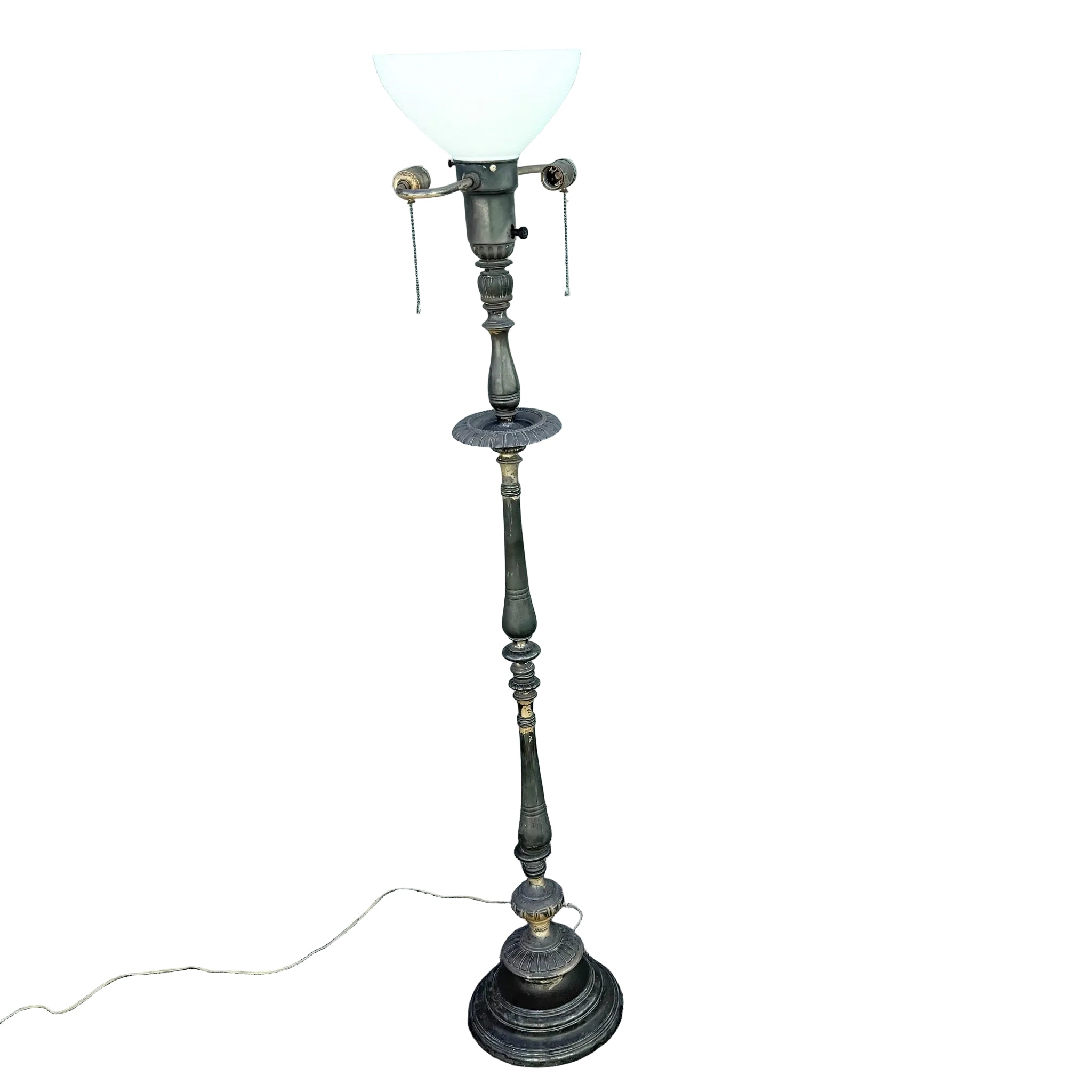 Antique Neoclassical Weighted Metal Torchiere Floor Lamp With Dual Pull Chains Dolphin & Flamingo