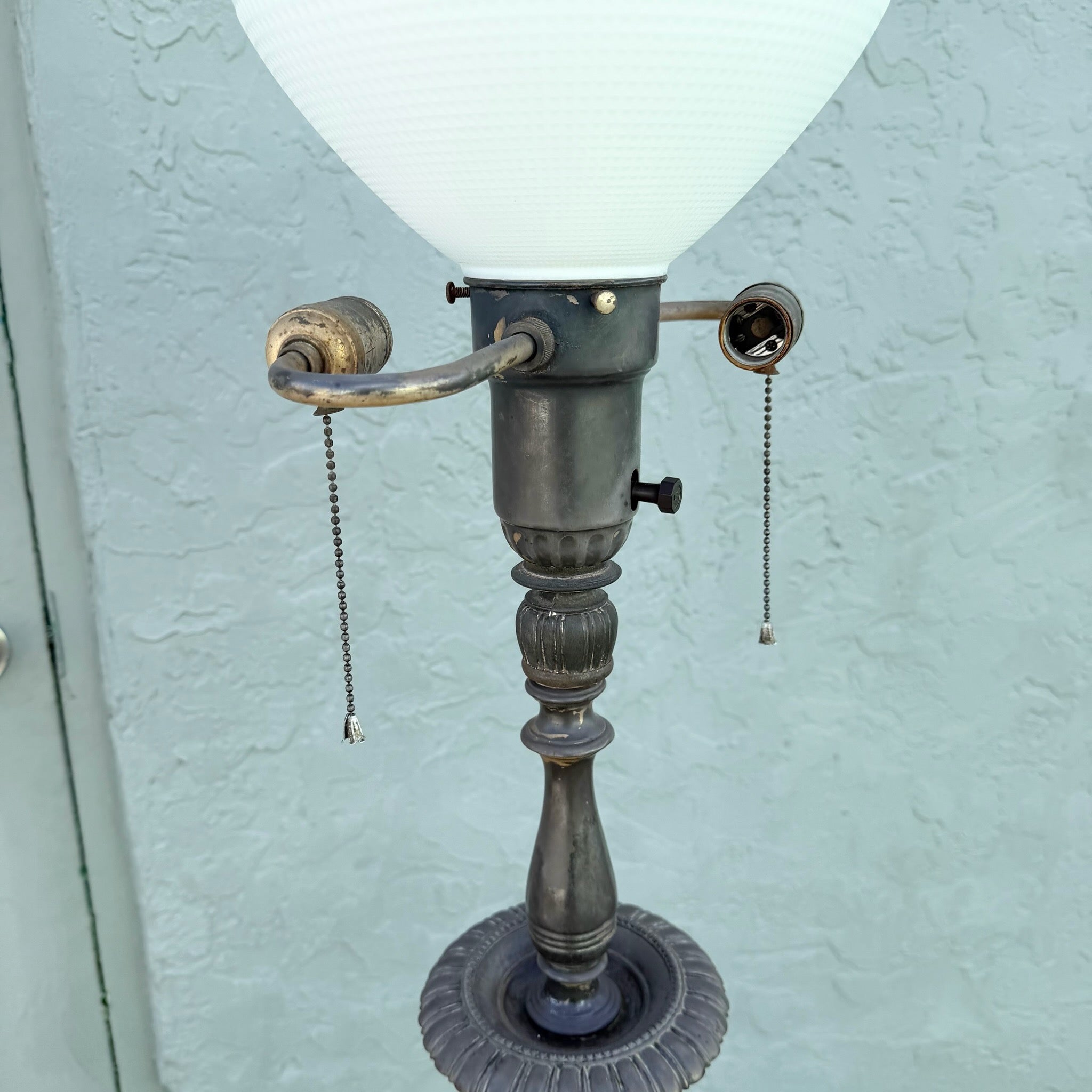 Antique Neoclassical Weighted Metal Torchiere Floor Lamp With Dual Pull Chains Dolphin & Flamingo