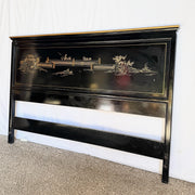 Vintage Chinese Black and Gold Hand Painted Queen Headboard