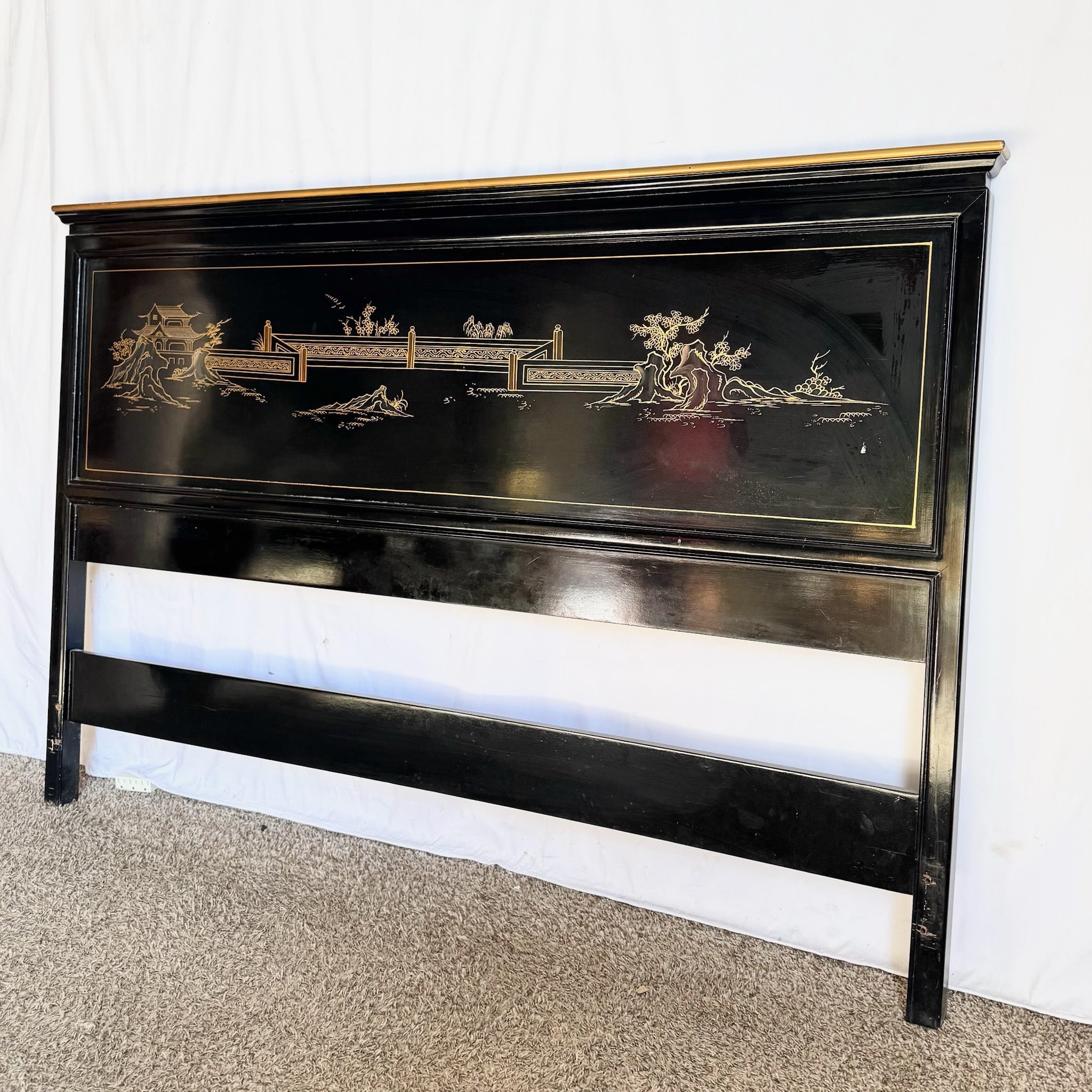 Vintage Chinese Black and Gold Hand Painted Queen Headboard