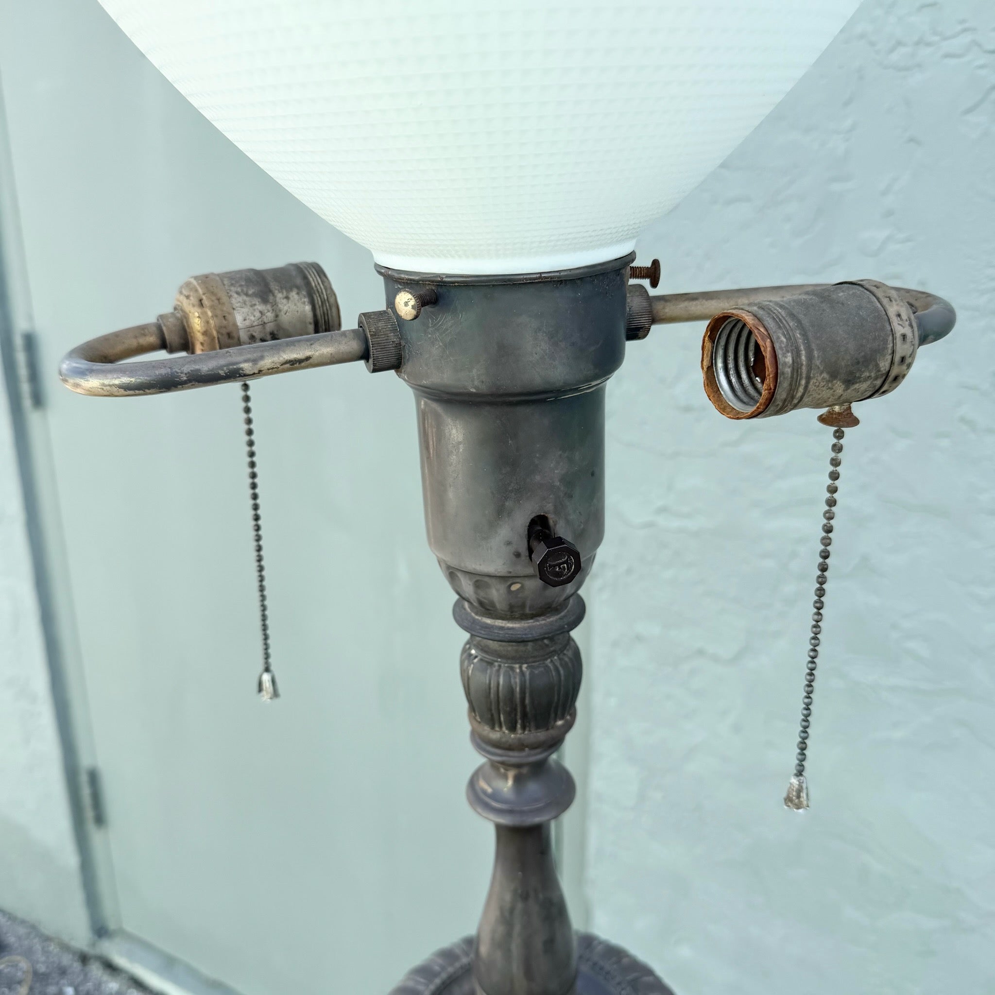 Antique Neoclassical Weighted Metal Torchiere Floor Lamp With Dual Pull Chains Dolphin & Flamingo