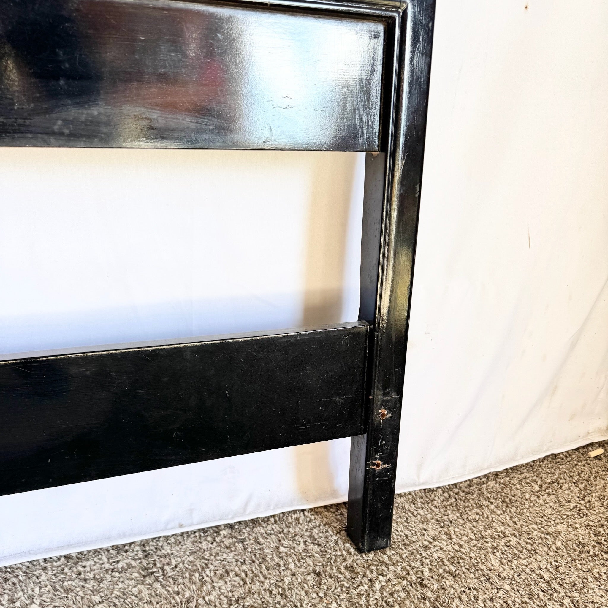 Vintage Chinese Black and Gold Hand Painted Queen Headboard