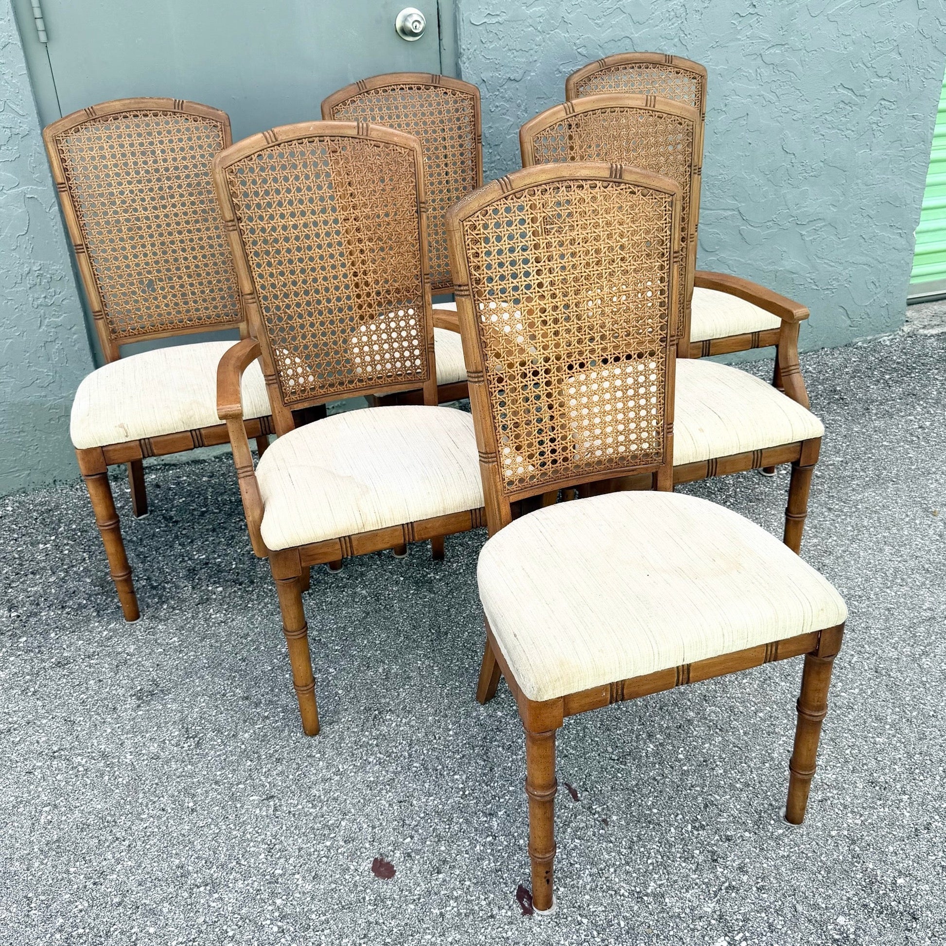 Vintage Boho Chic Faux Bamboo Cane Back Dining Chairs by Chaircraft - Set of 6 Dolphin & Flamingo