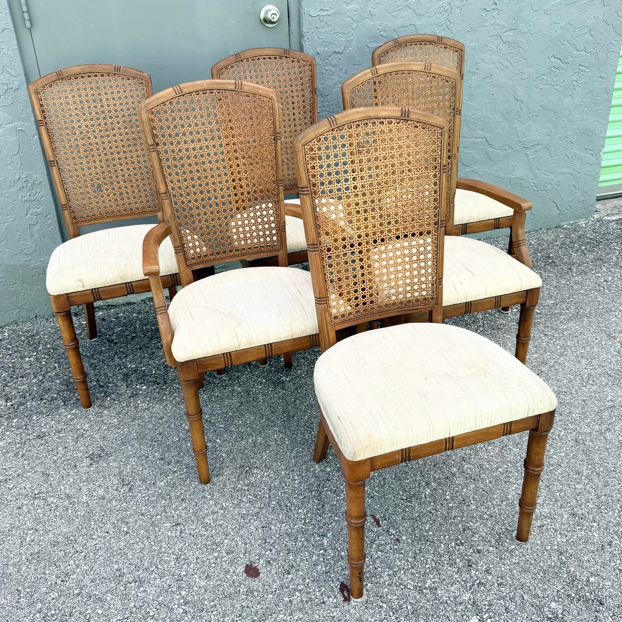 Vintage Boho Chic Faux Bamboo Cane Back Dining Chairs by Chaircraft - Set of 6 Dolphin & Flamingo