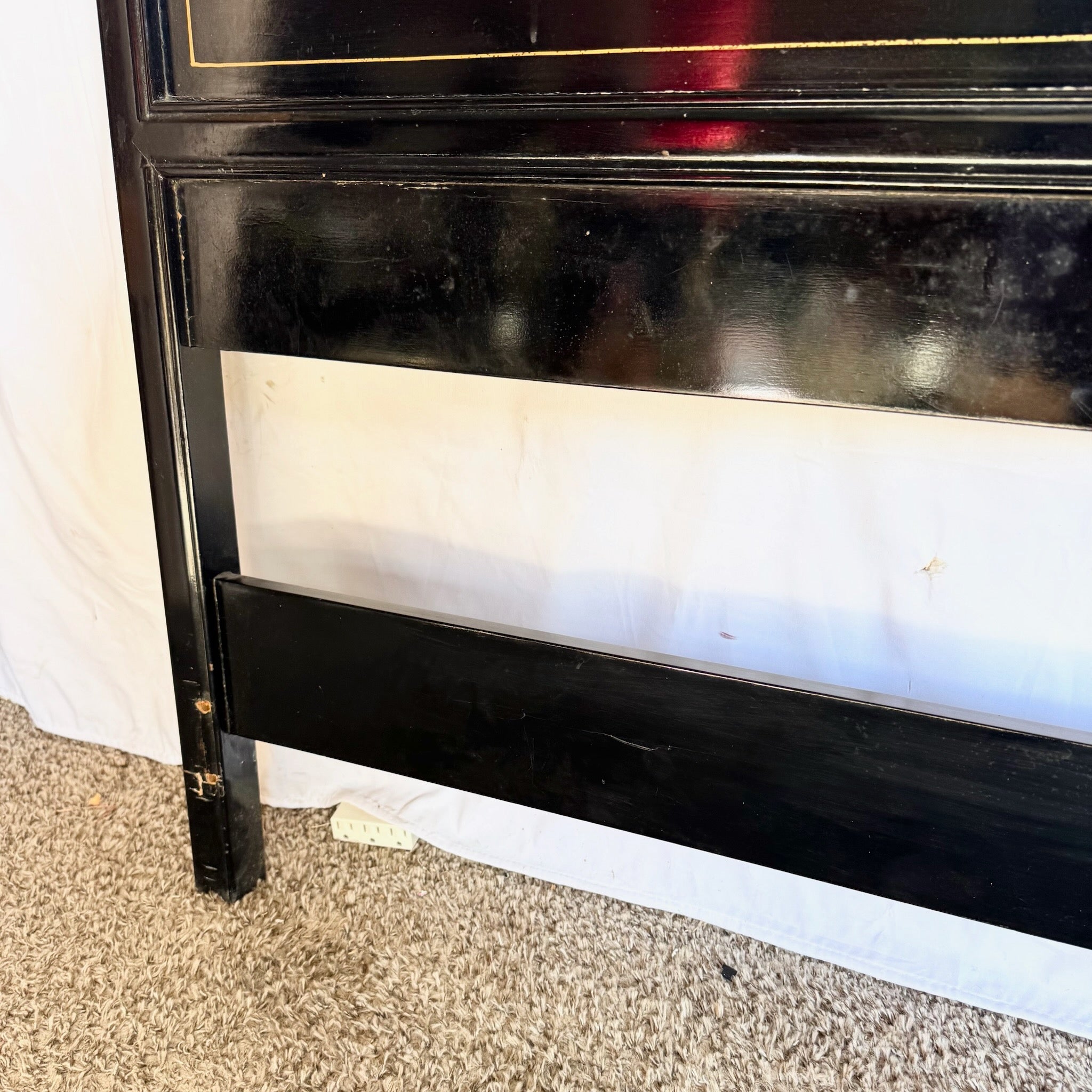 Vintage Chinese Black and Gold Hand Painted Queen Headboard