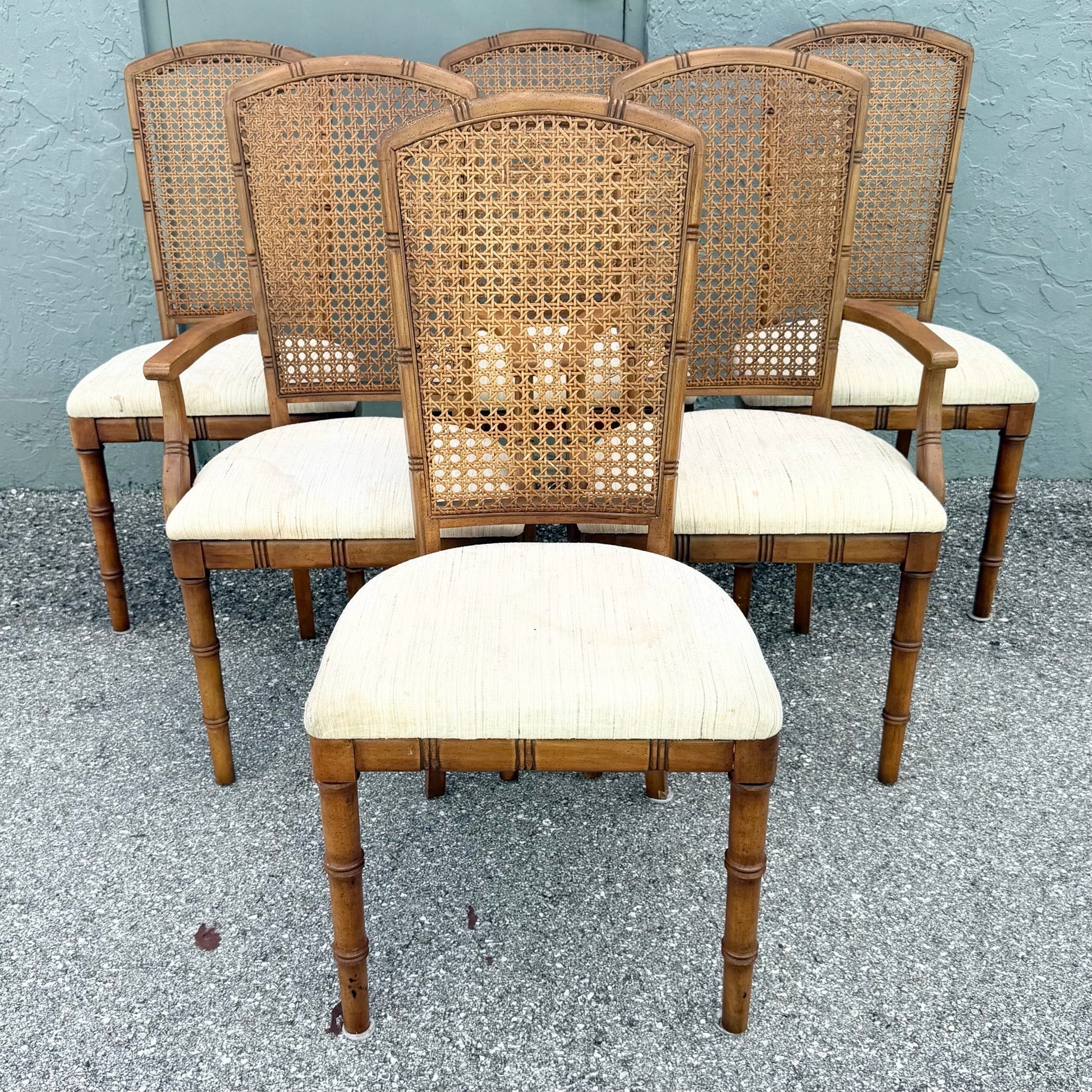 Vintage Boho Chic Faux Bamboo Cane Back Dining Chairs by Chaircraft - Set of 6 Dolphin & Flamingo