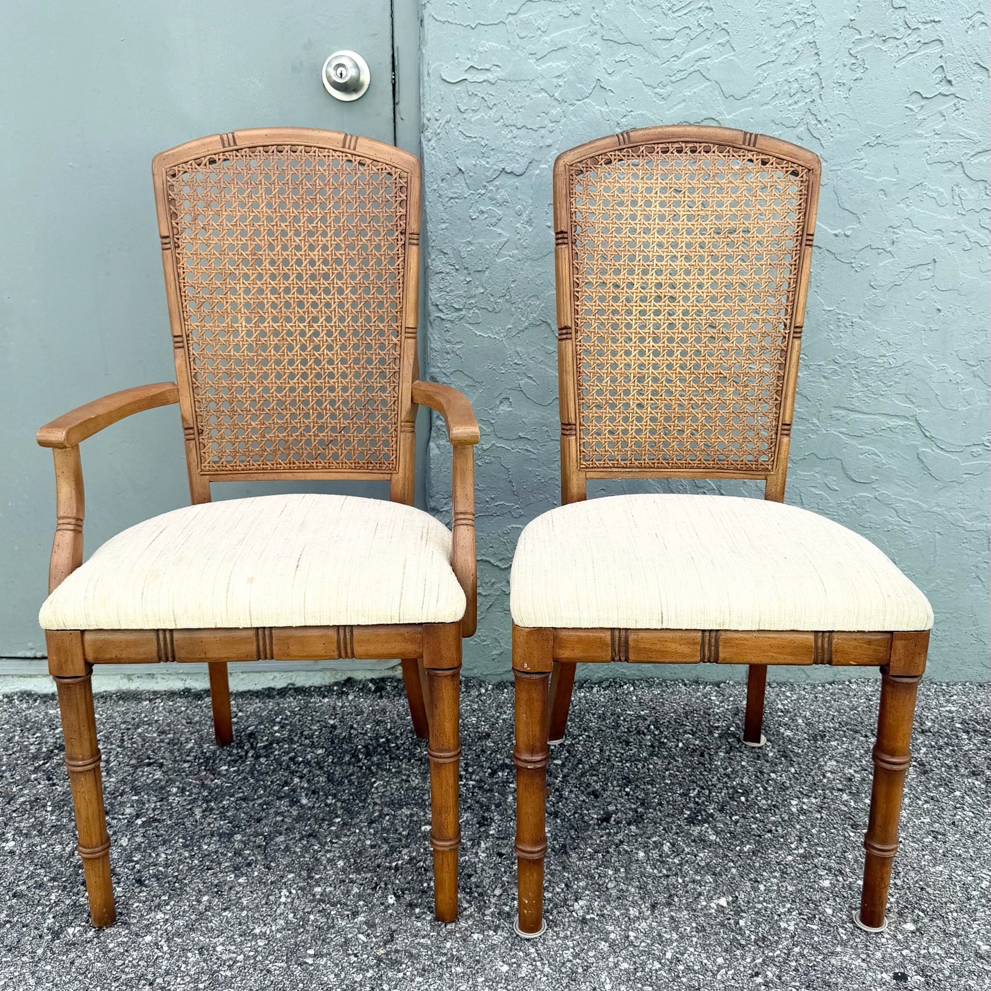 Vintage Boho Chic Faux Bamboo Cane Back Dining Chairs by Chaircraft - Set of 6 Dolphin & Flamingo