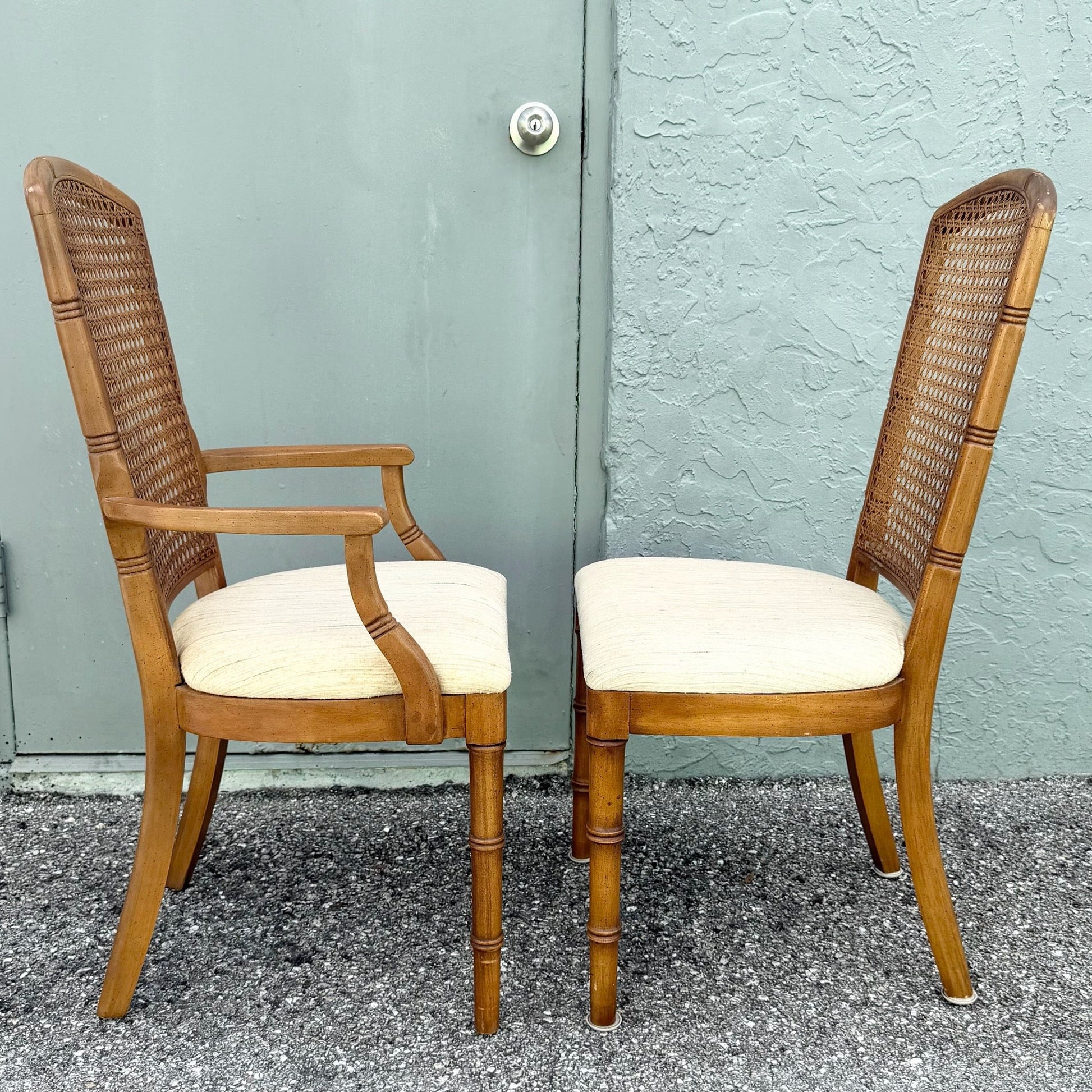 Vintage Boho Chic Faux Bamboo Cane Back Dining Chairs by Chaircraft - Set of 6 Dolphin & Flamingo