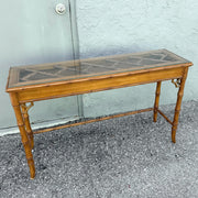 Boho Chic Chippendale Style Faux Bamboo Glass Top Console Table Dolphin & Flamingo