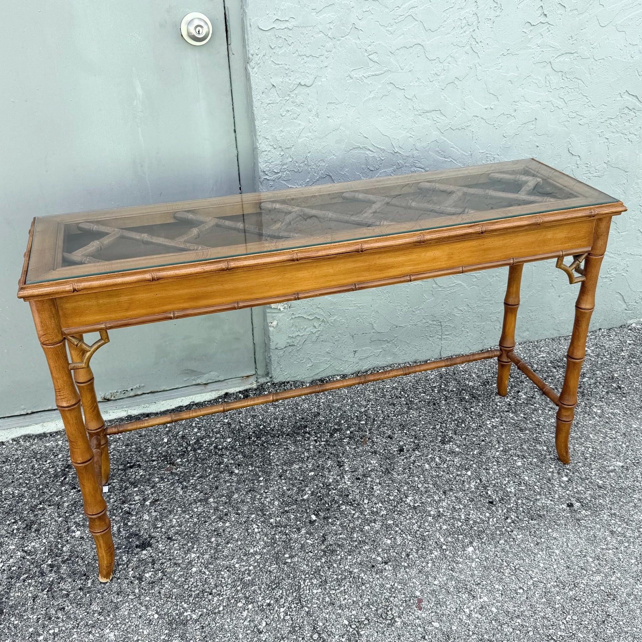 Boho Chic Chippendale Style Faux Bamboo Glass Top Console Table Dolphin & Flamingo