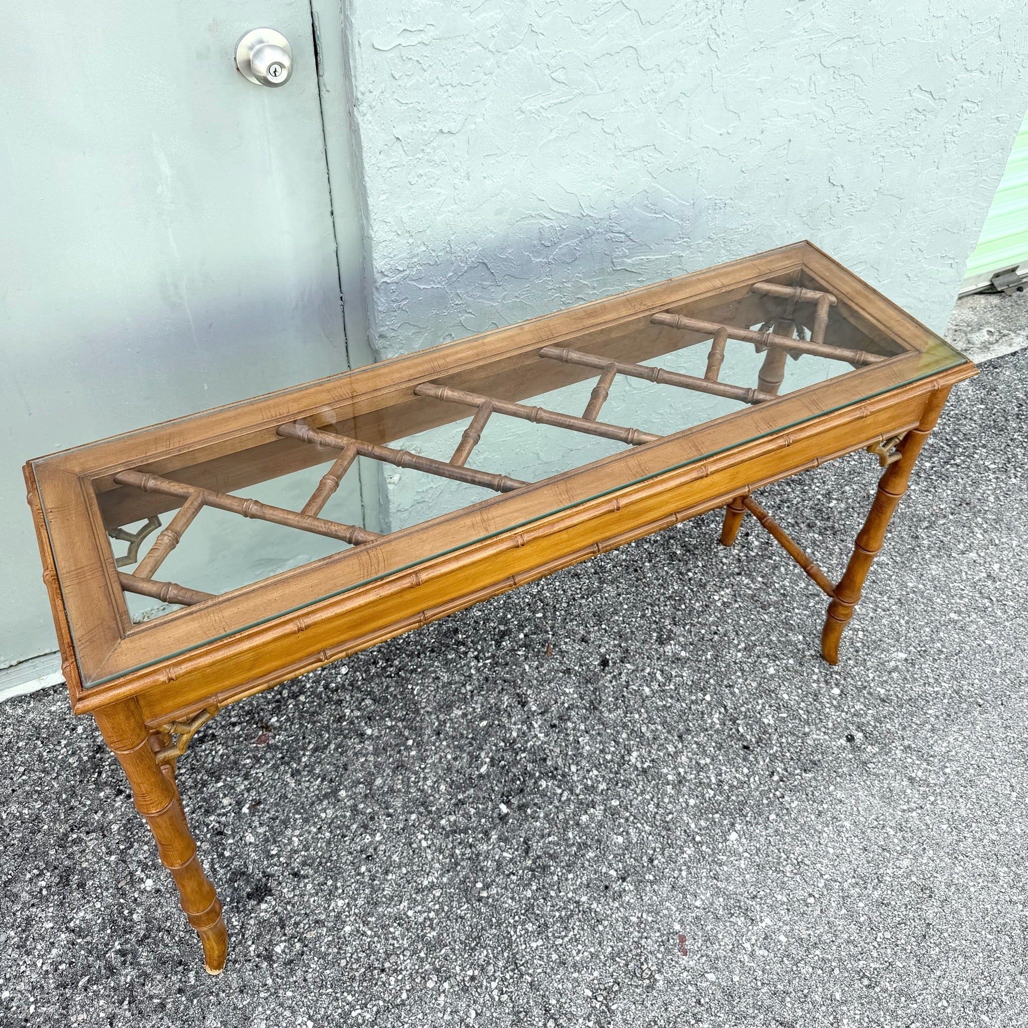 Boho Chic Chippendale Style Faux Bamboo Glass Top Console Table Dolphin & Flamingo