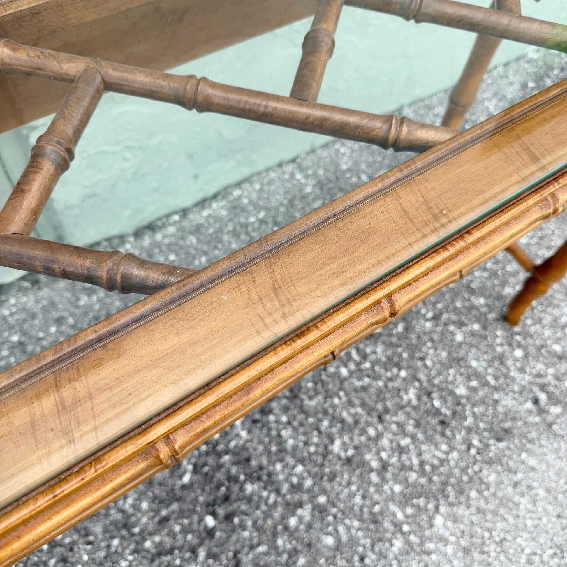 Boho Chic Chippendale Style Faux Bamboo Glass Top Console Table Dolphin & Flamingo