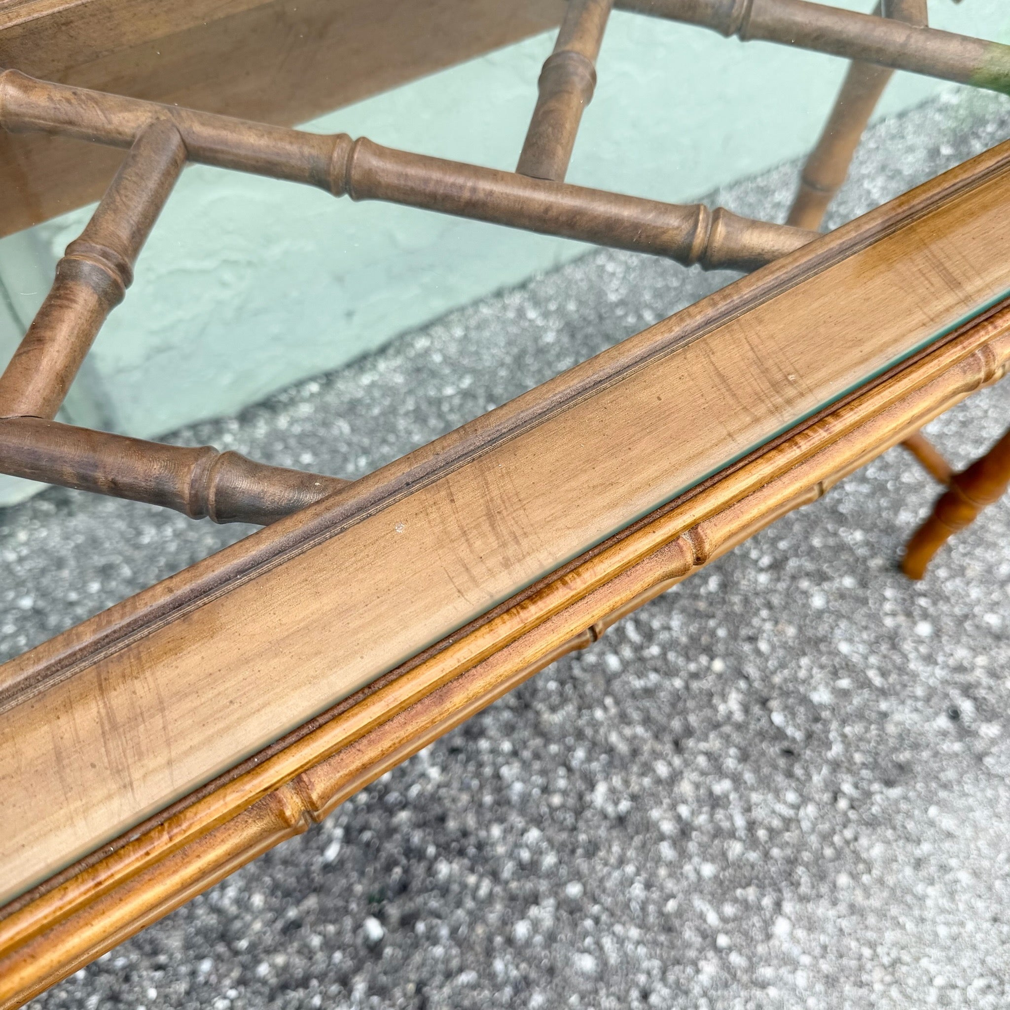 Boho Chic Chippendale Style Faux Bamboo Glass Top Console Table Dolphin & Flamingo