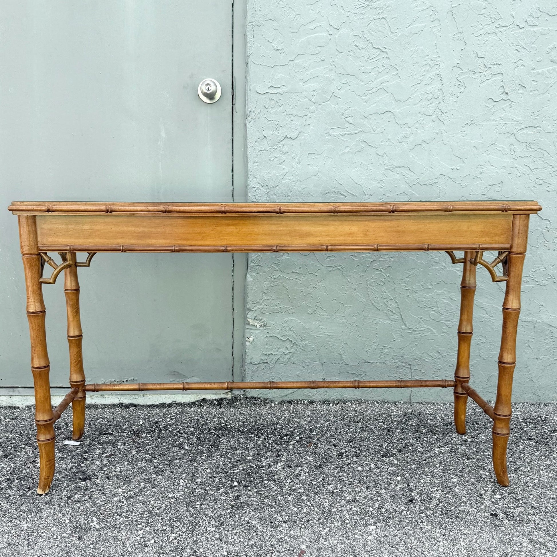 Boho Chic Chippendale Style Faux Bamboo Glass Top Console Table Dolphin & Flamingo