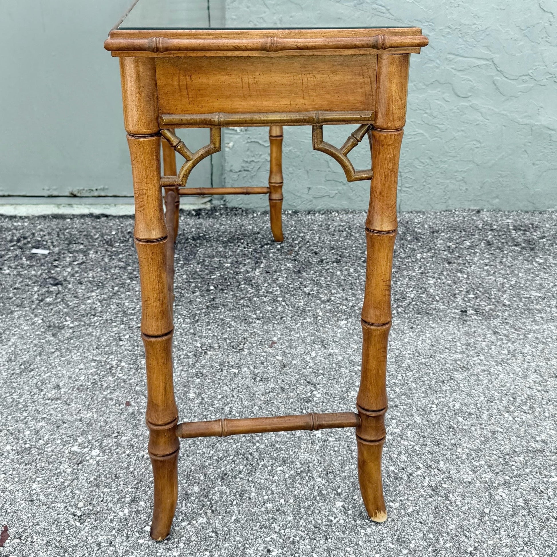Boho Chic Chippendale Style Faux Bamboo Glass Top Console Table Dolphin & Flamingo