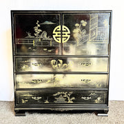 Chinese Black and Gold Hand Painted Highboy With Red Velvet