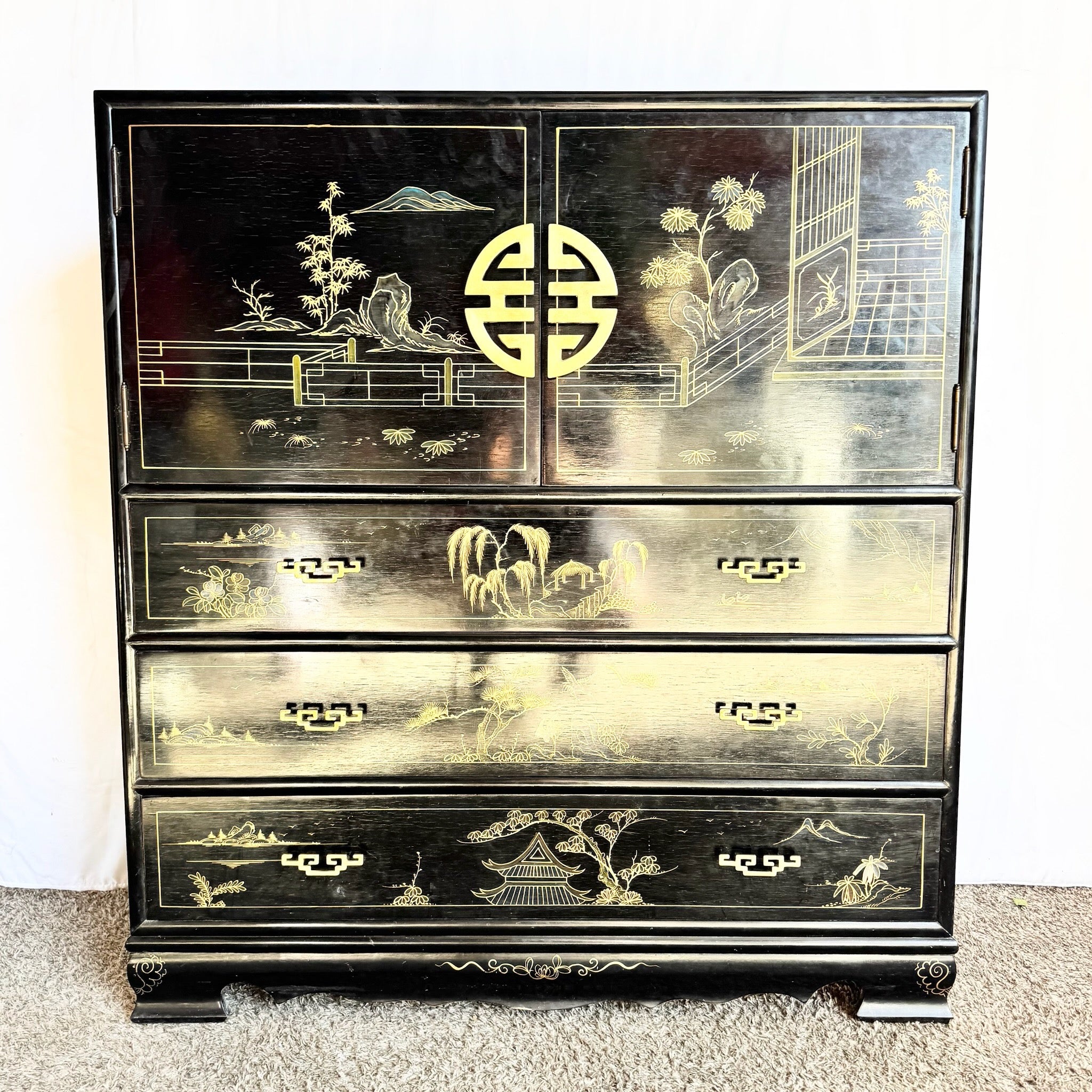 Chinese Black and Gold Hand Painted Highboy With Red Velvet