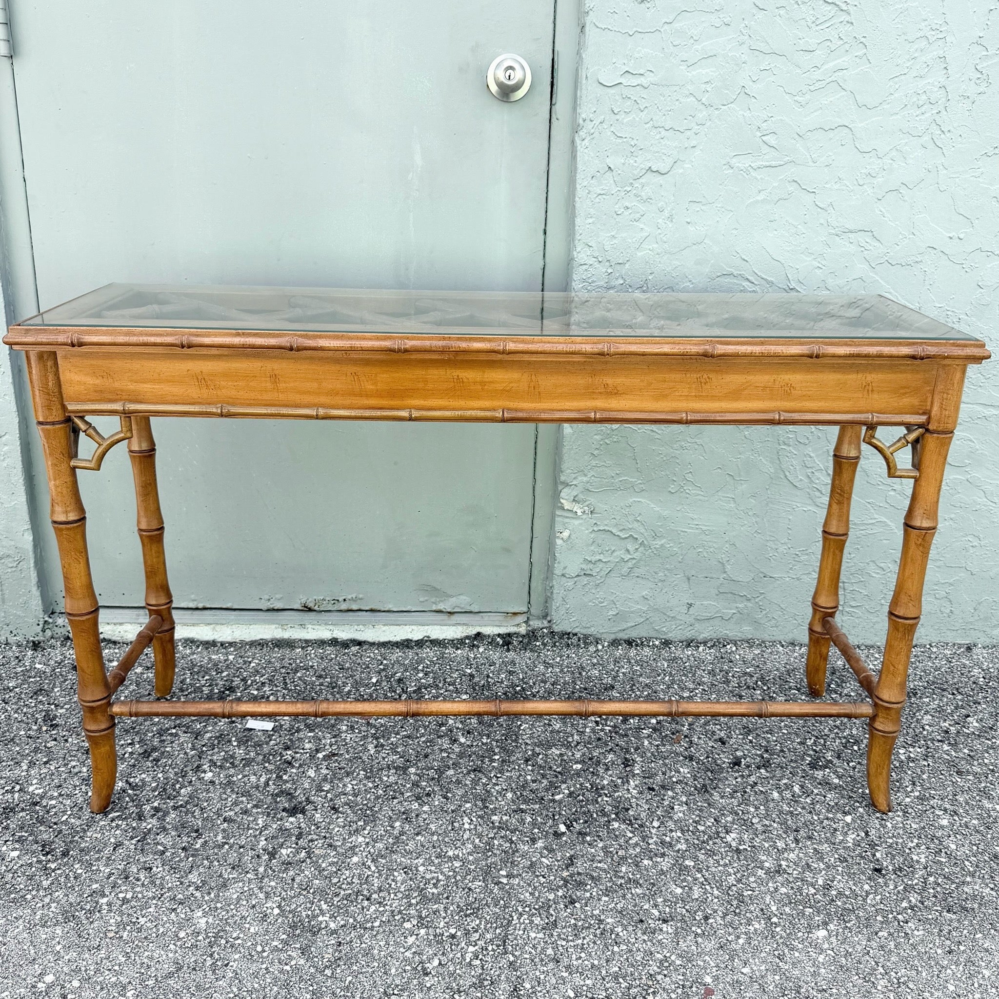 Boho Chic Chippendale Style Faux Bamboo Glass Top Console Table Dolphin & Flamingo