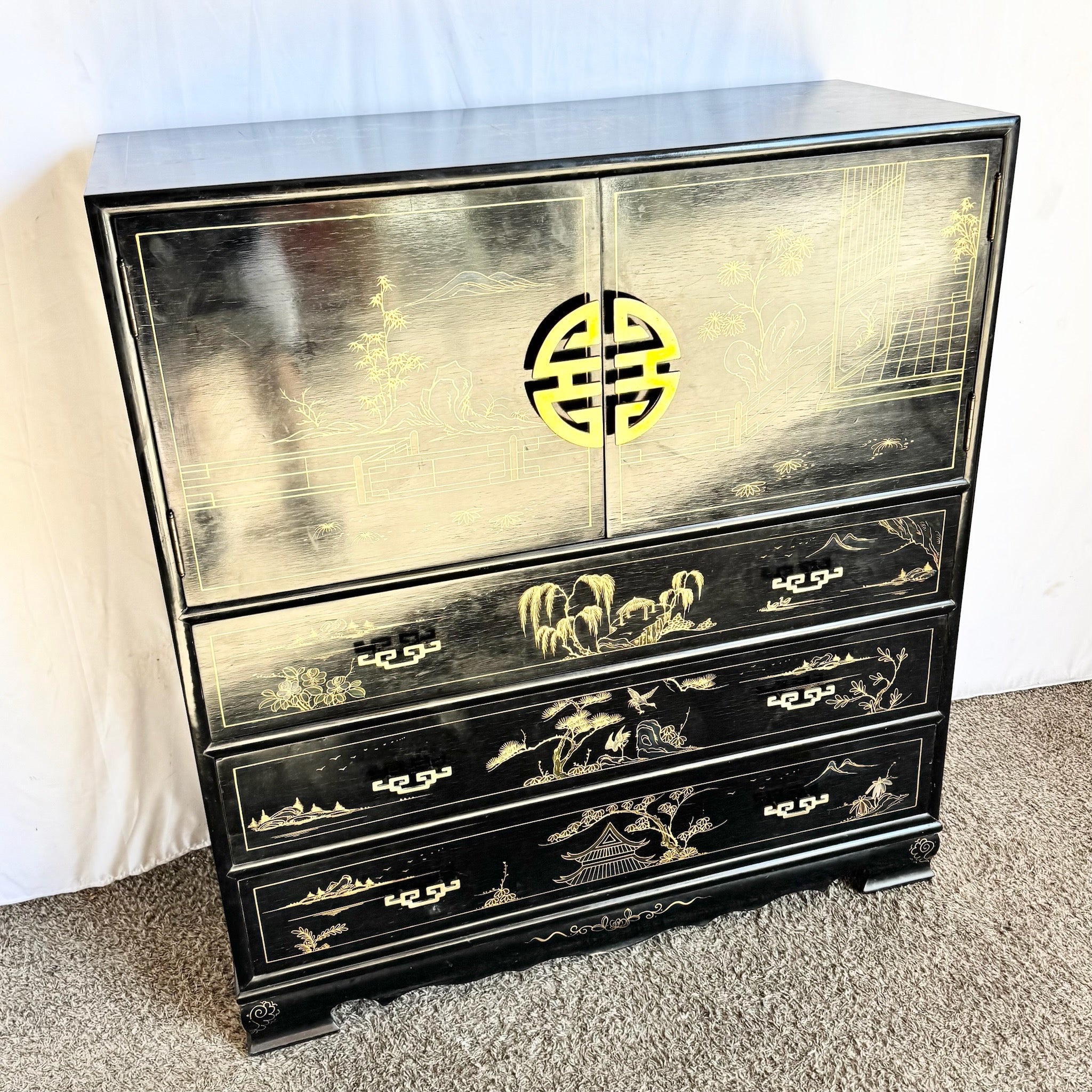 Chinese Black and Gold Hand Painted Highboy With Red Velvet