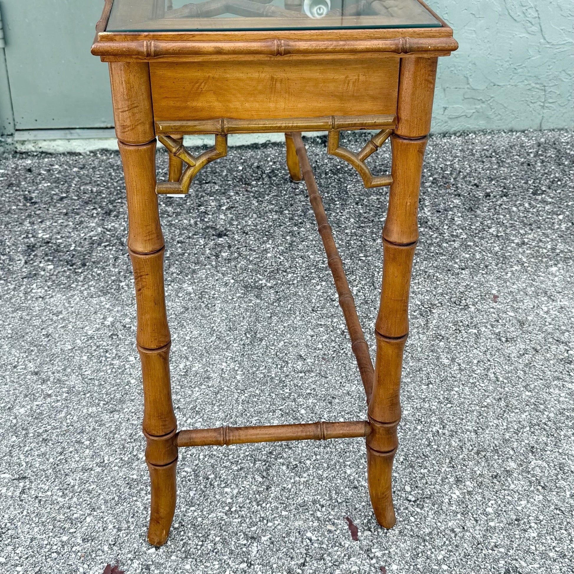 Boho Chic Chippendale Style Faux Bamboo Glass Top Console Table Dolphin & Flamingo