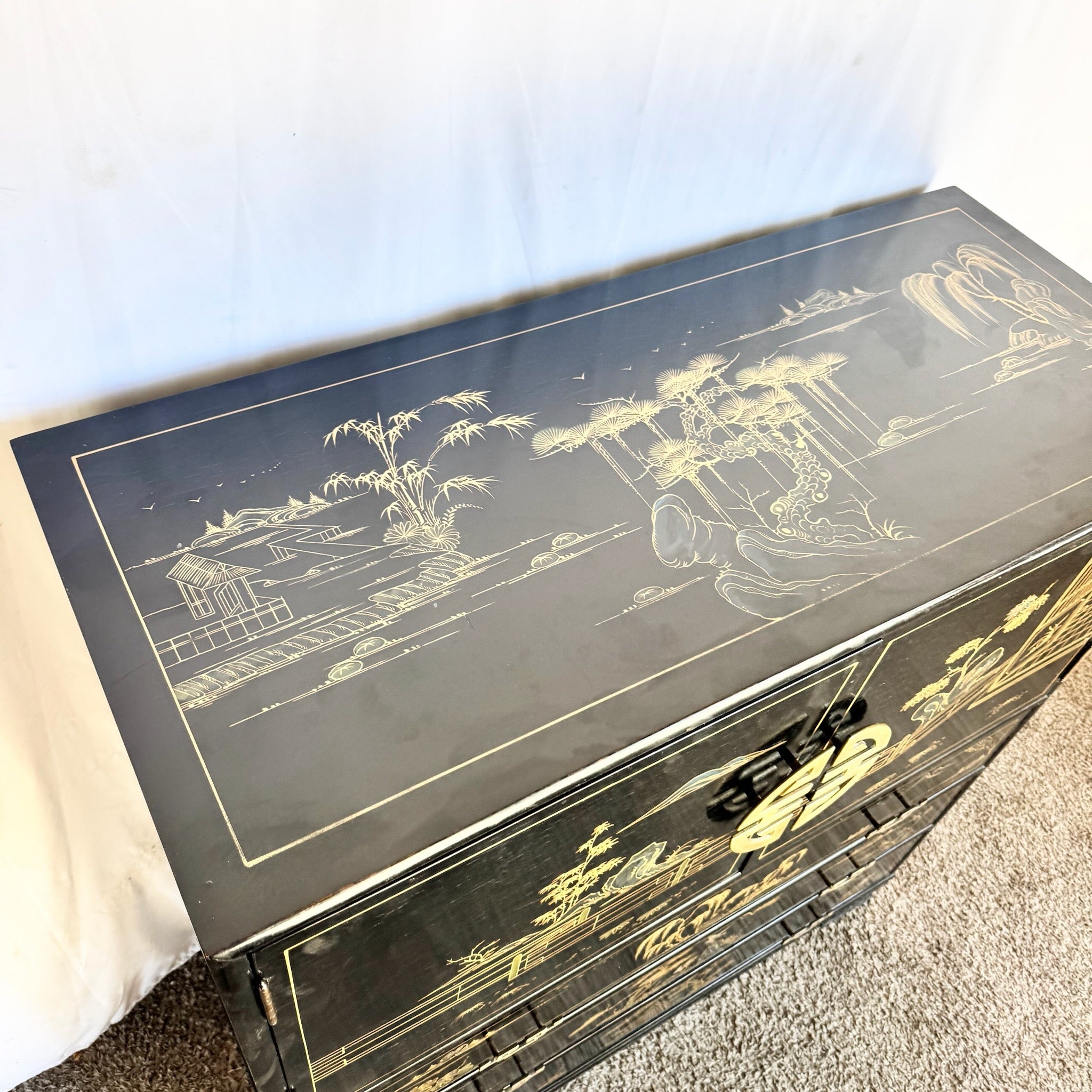 Chinese Black and Gold Hand Painted Highboy With Red Velvet