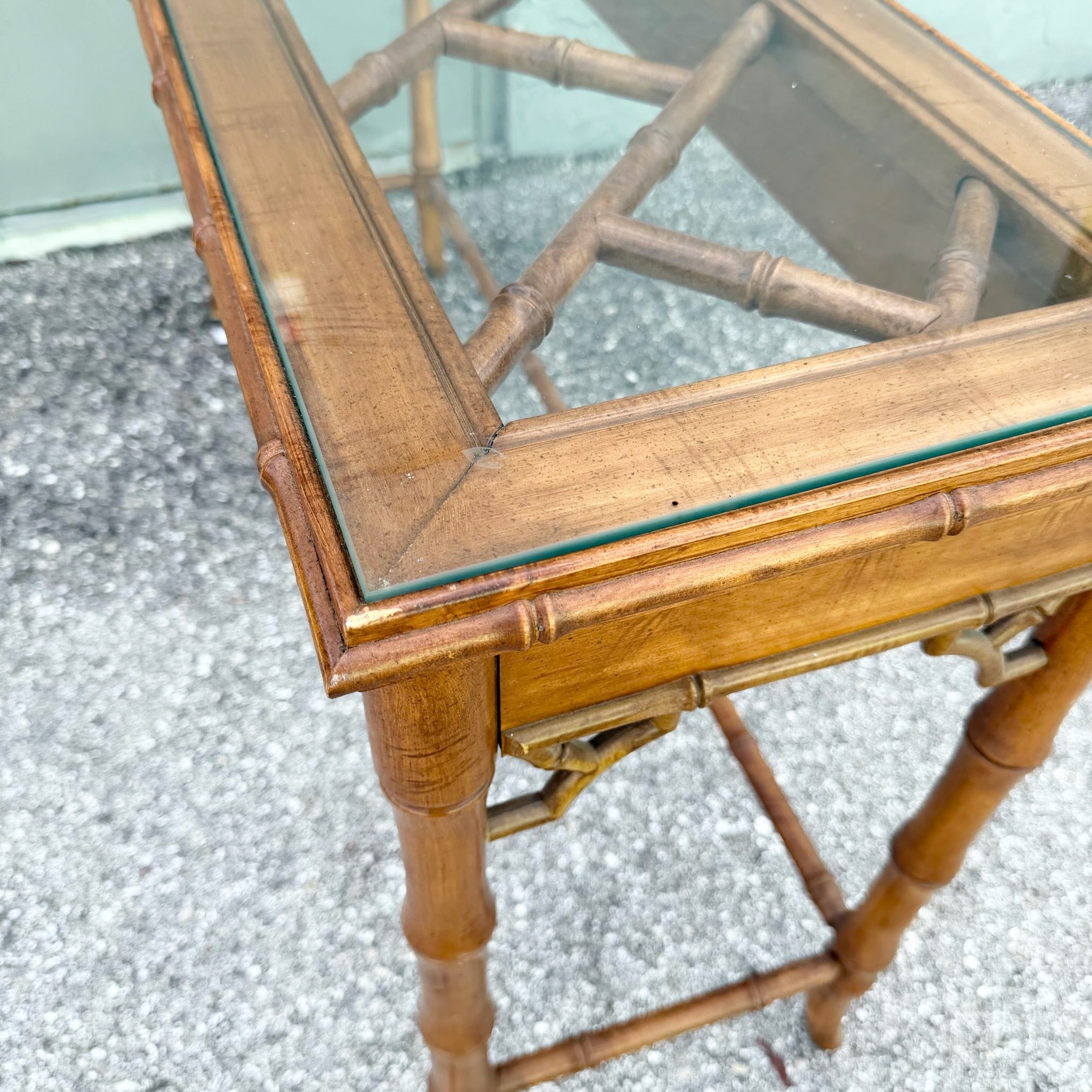Boho Chic Chippendale Style Faux Bamboo Glass Top Console Table Dolphin & Flamingo