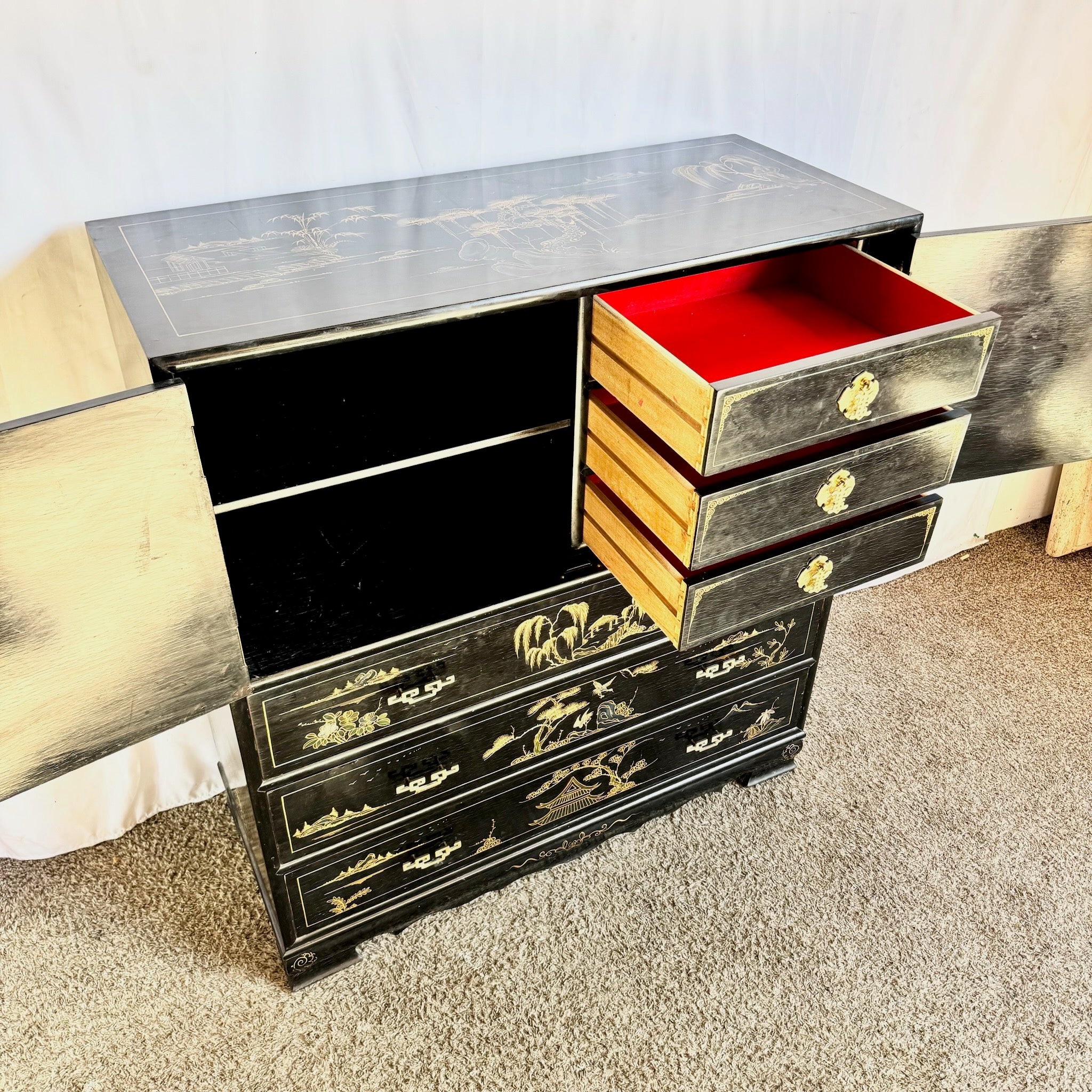 Chinese Black and Gold Hand Painted Highboy With Red Velvet