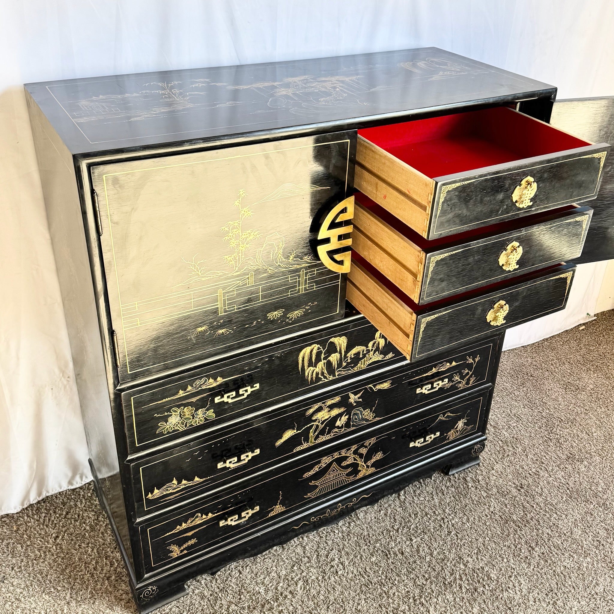 Chinese Black and Gold Hand Painted Highboy With Red Velvet
