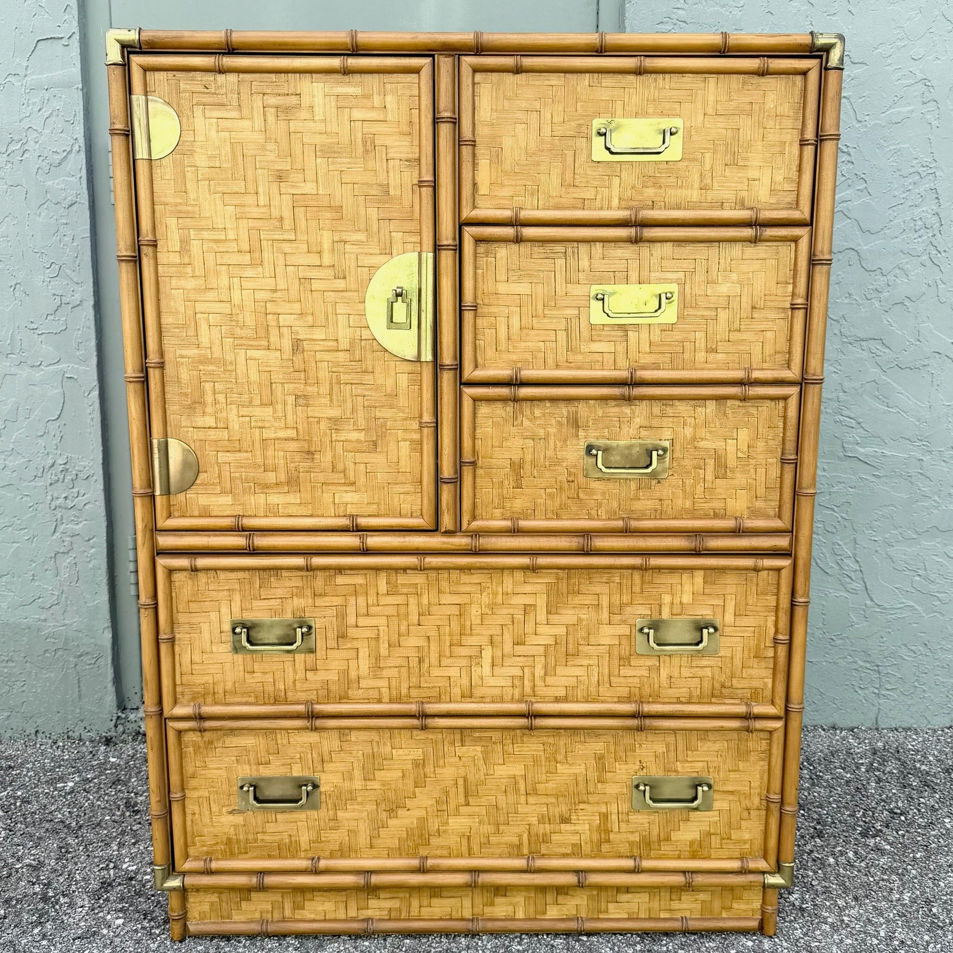 Boho Chic Herringbone Wicker Faux Bamboo Highboy Dresser by Dixie Dolphin & Flamingo