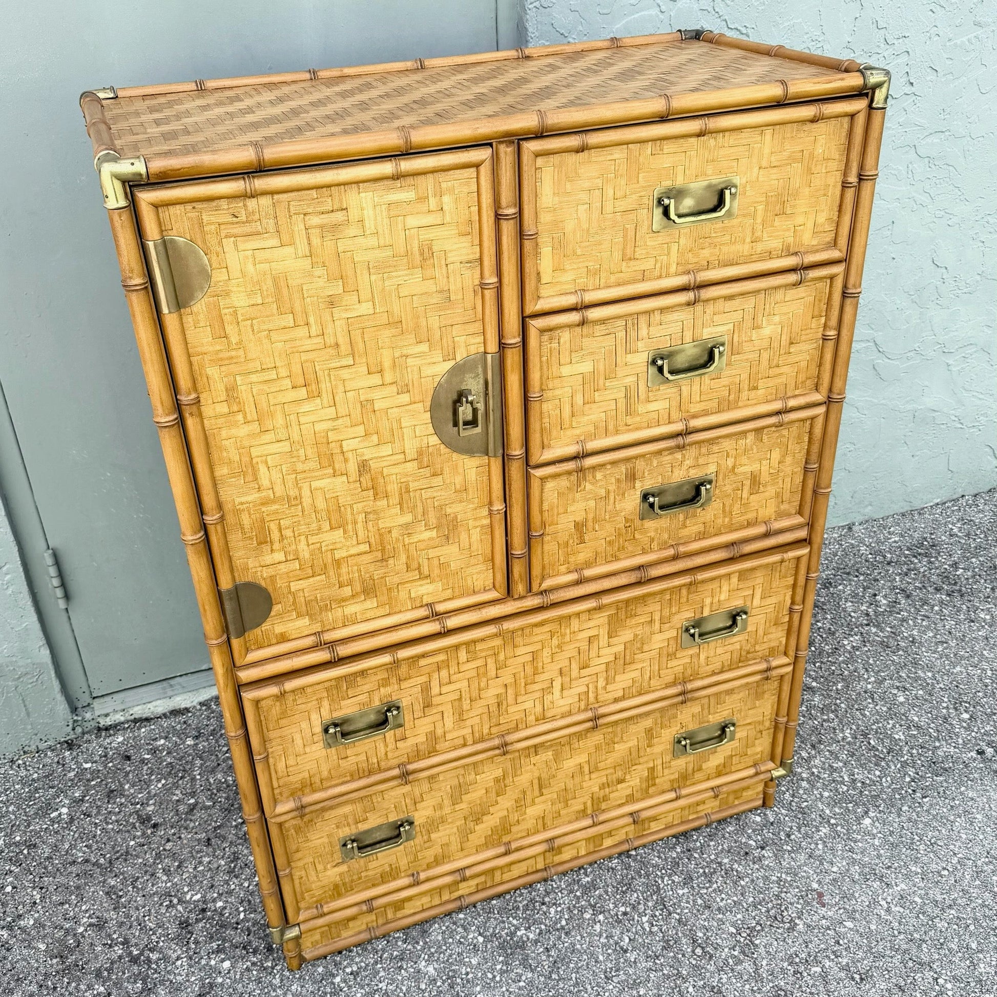 Boho Chic Herringbone Wicker Faux Bamboo Highboy Dresser by Dixie Dolphin & Flamingo
