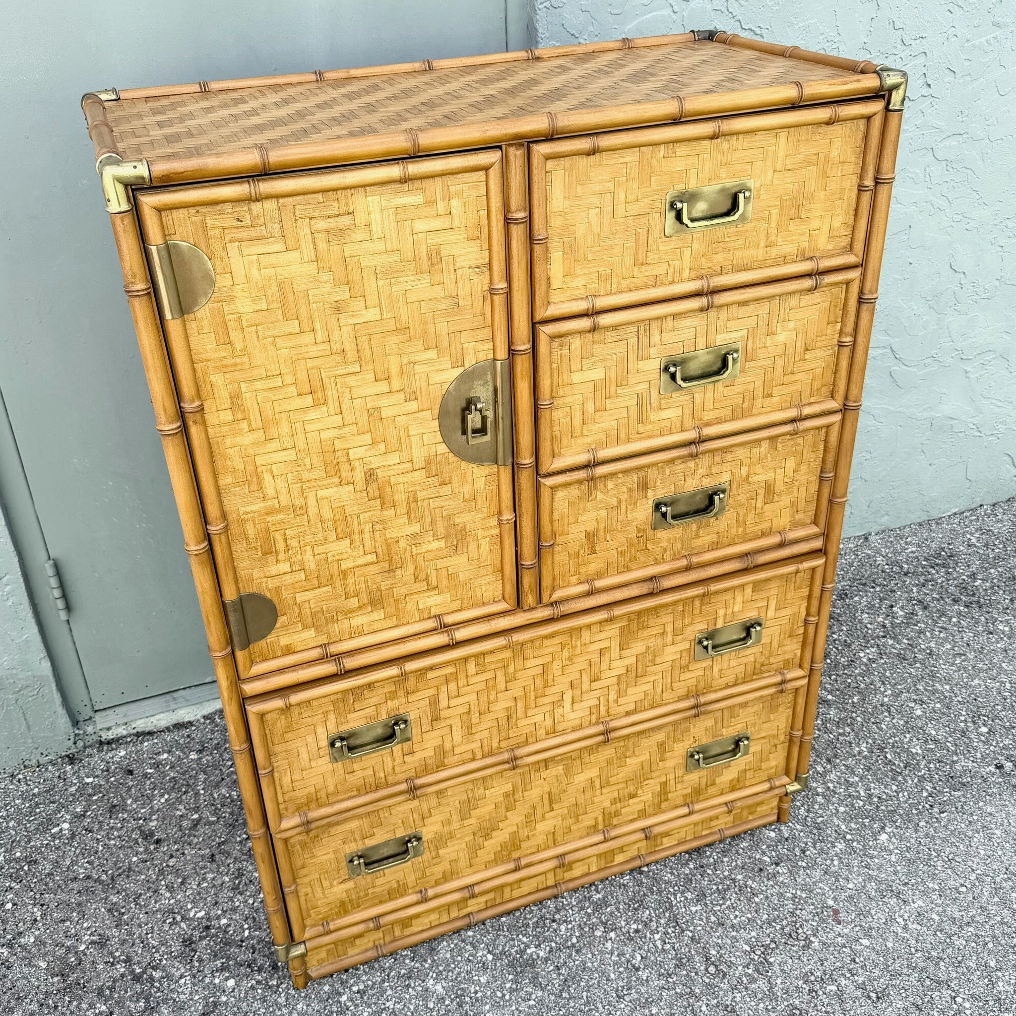 Boho Chic Herringbone Wicker Faux Bamboo Highboy Dresser by Dixie Dolphin & Flamingo