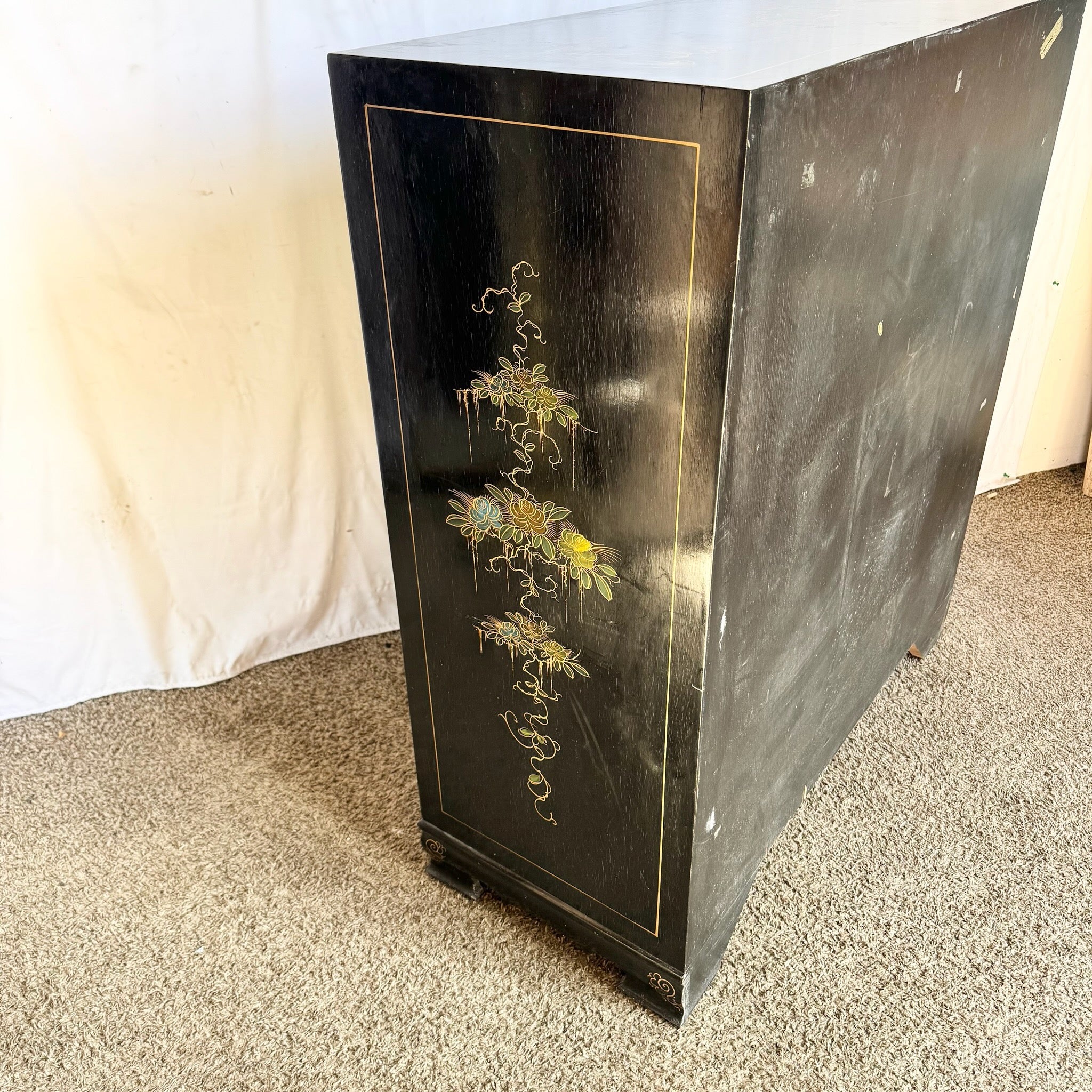 Chinese Black and Gold Hand Painted Highboy With Red Velvet