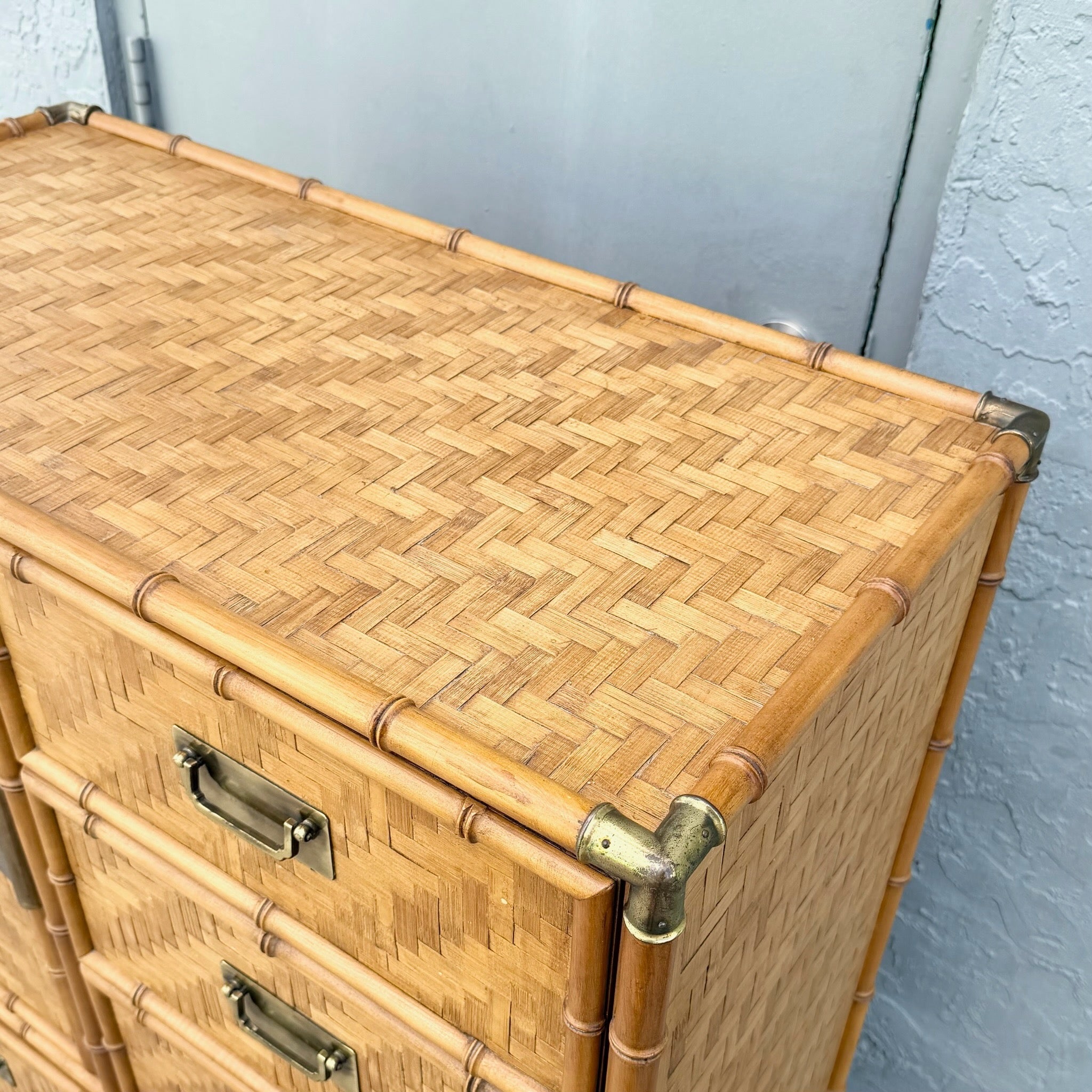 Boho Chic Herringbone Wicker Faux Bamboo Highboy Dresser by Dixie Dolphin & Flamingo