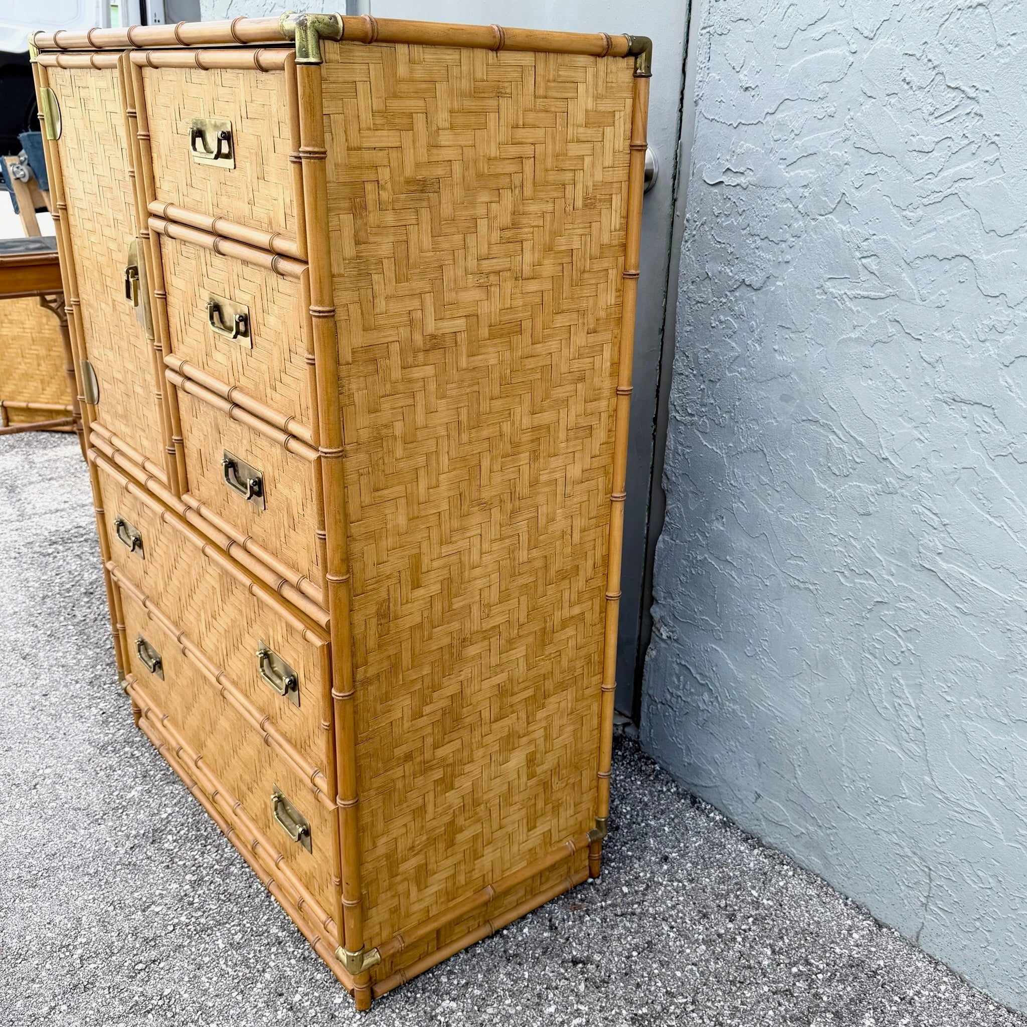 Boho Chic Herringbone Wicker Faux Bamboo Highboy Dresser by Dixie Dolphin & Flamingo