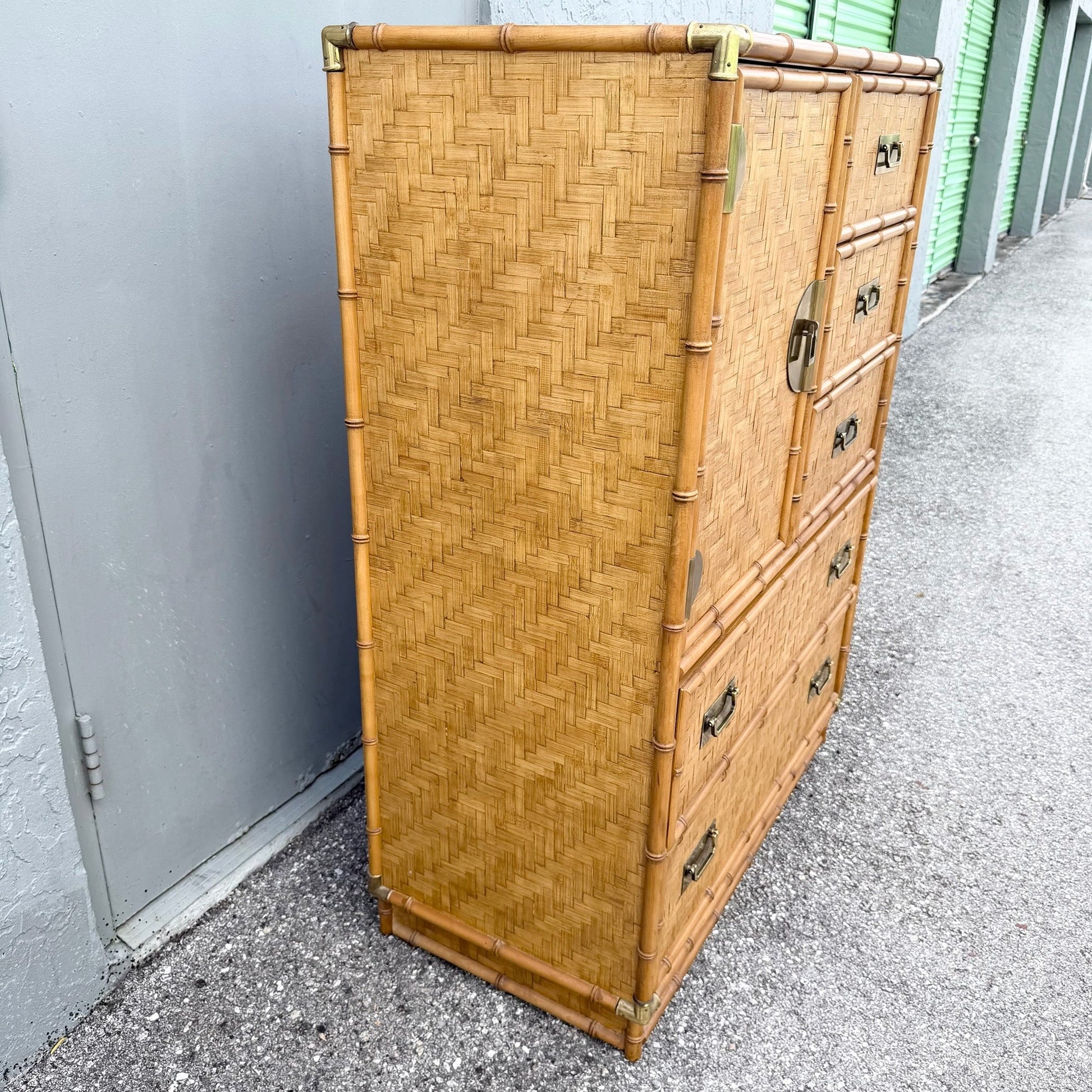 Boho Chic Herringbone Wicker Faux Bamboo Highboy Dresser by Dixie Dolphin & Flamingo