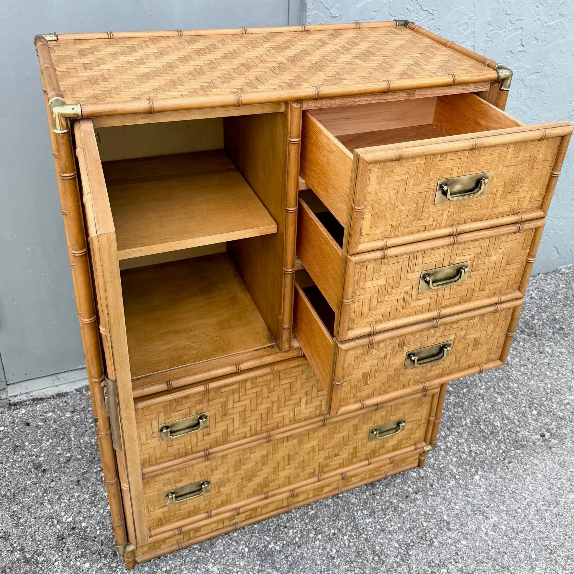 Boho Chic Herringbone Wicker Faux Bamboo Highboy Dresser by Dixie Dolphin & Flamingo
