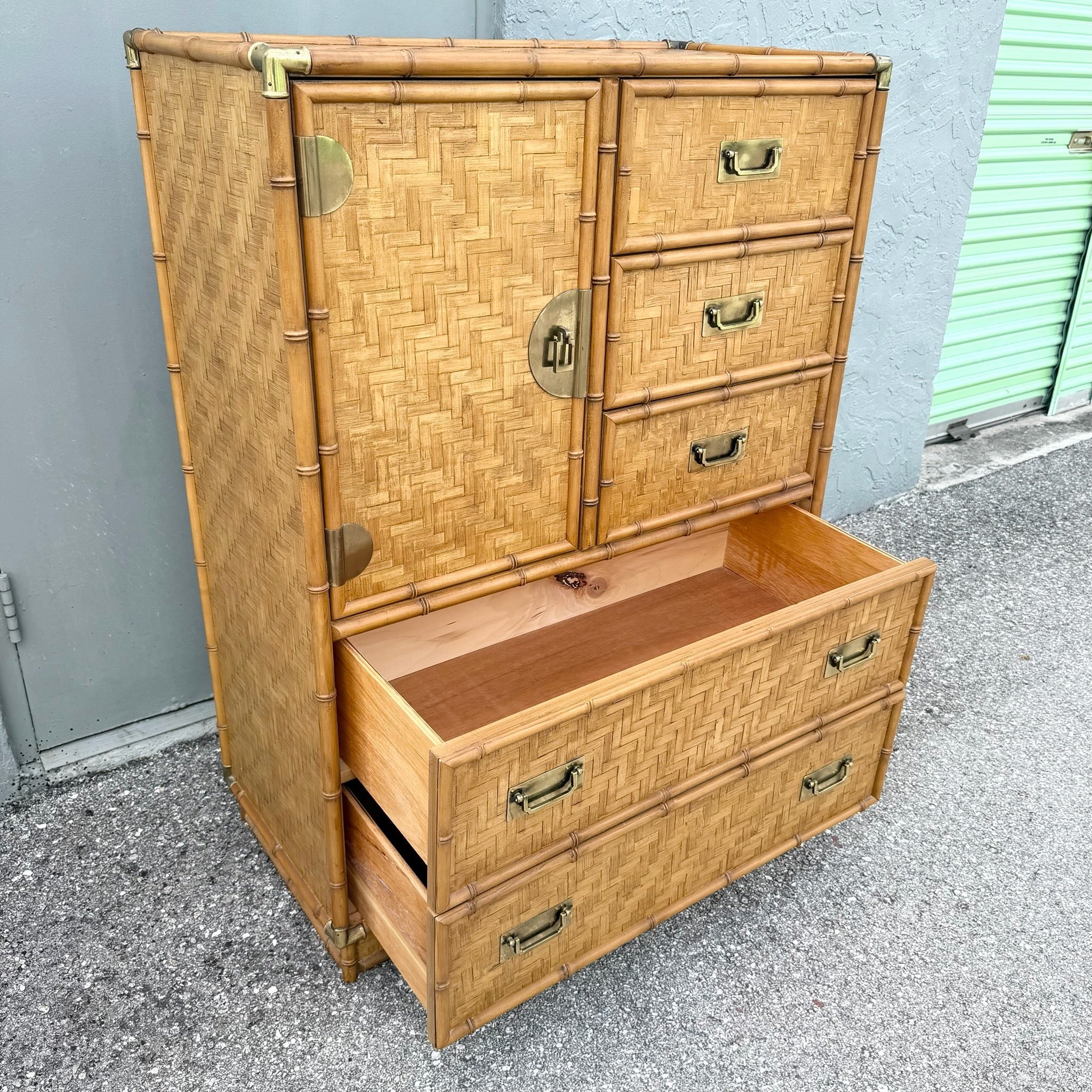 Boho Chic Herringbone Wicker Faux Bamboo Highboy Dresser by Dixie Dolphin & Flamingo