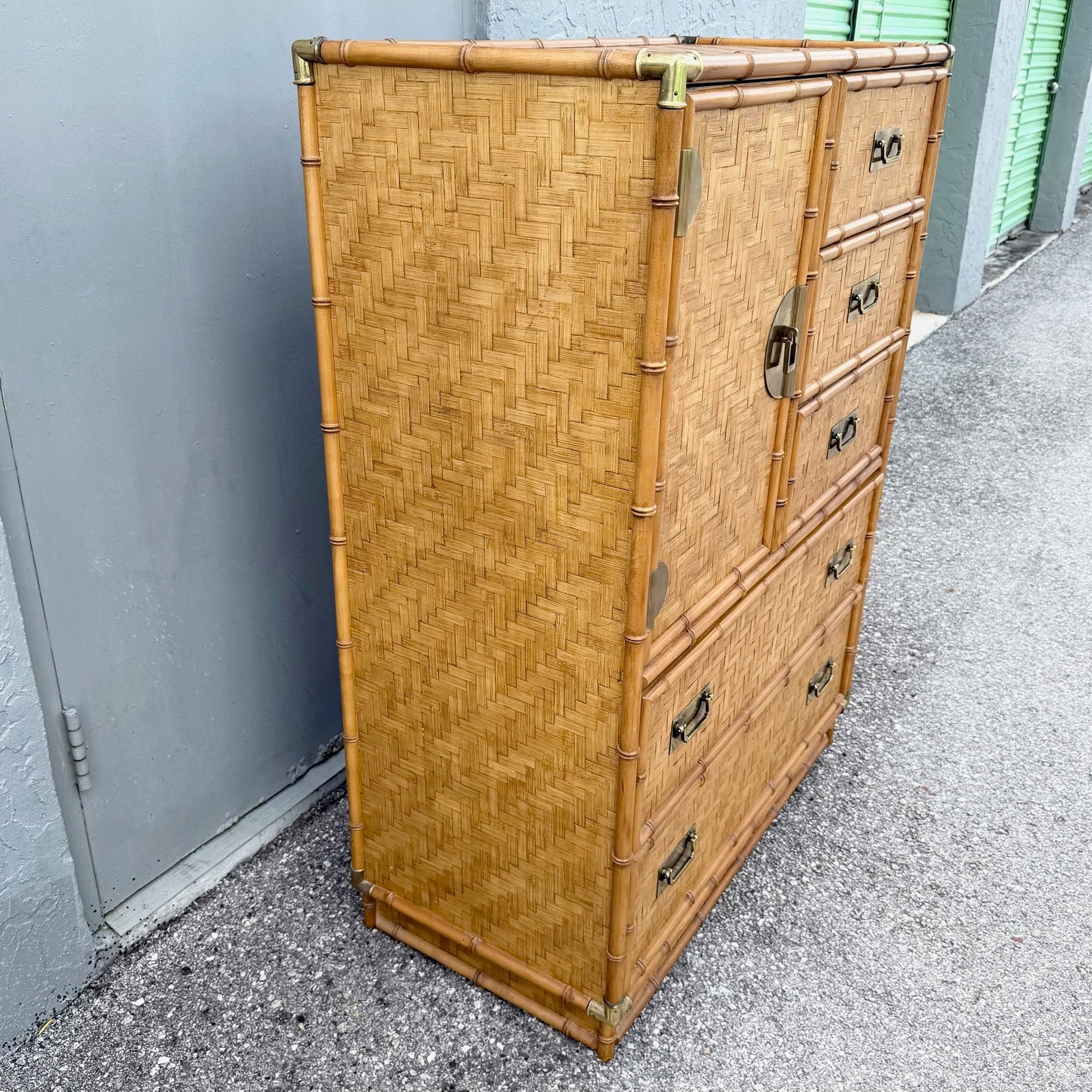 Boho Chic Herringbone Wicker Faux Bamboo Highboy Dresser by Dixie Dolphin & Flamingo