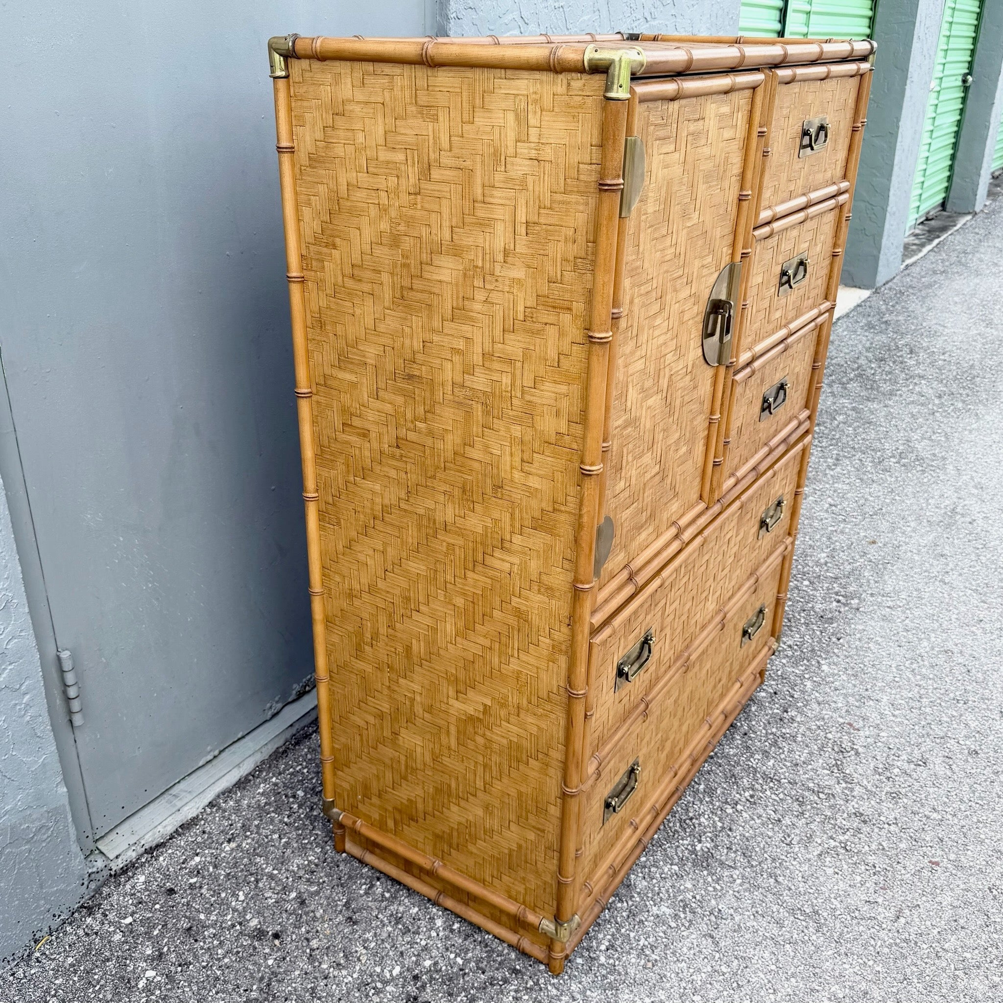 Boho Chic Herringbone Wicker Faux Bamboo Highboy Dresser by Dixie Dolphin & Flamingo