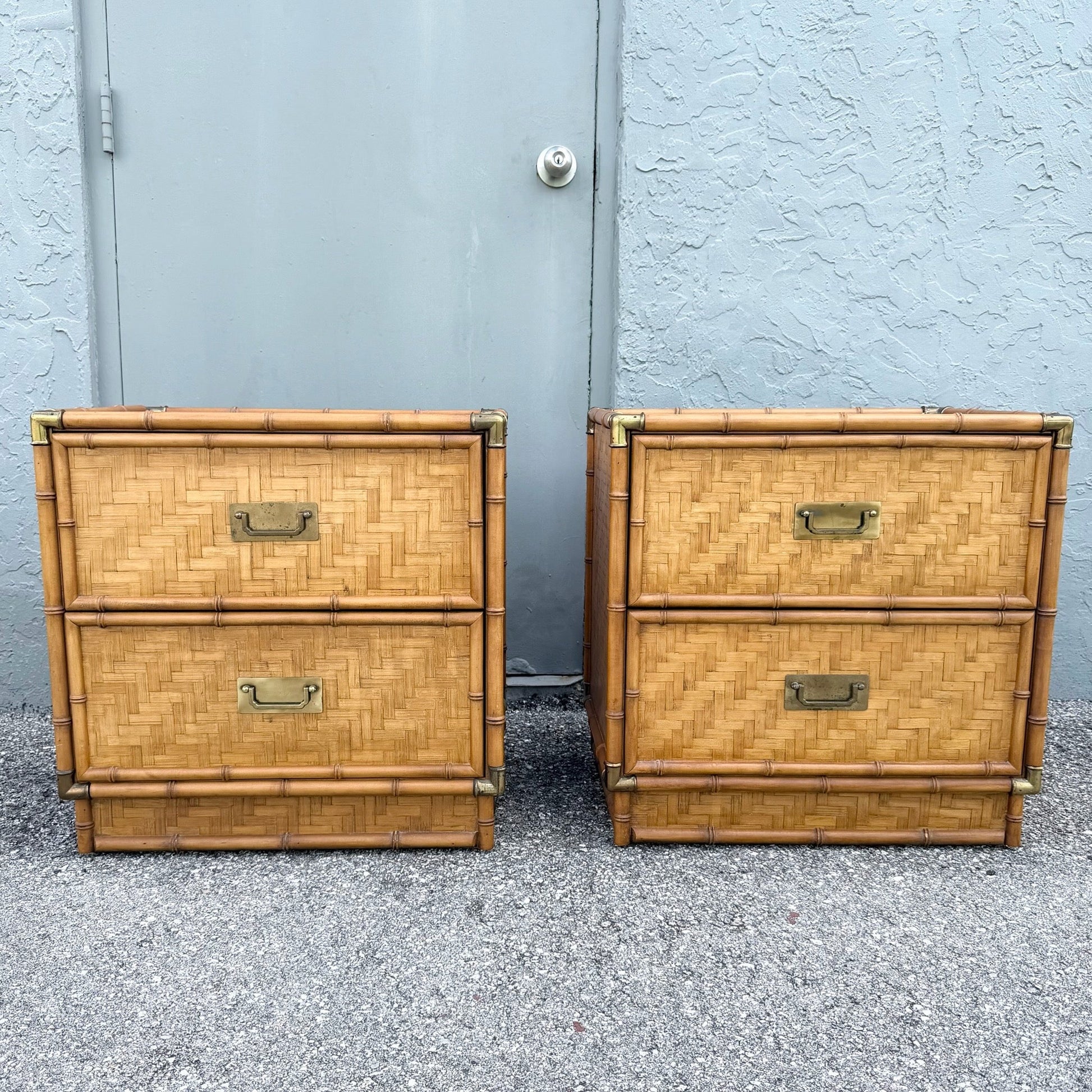 Boho Chic Herringbone Wicker Faux Bamboo Nightstands/Commodes by Dixie - A Pair Dolphin & Flamingo