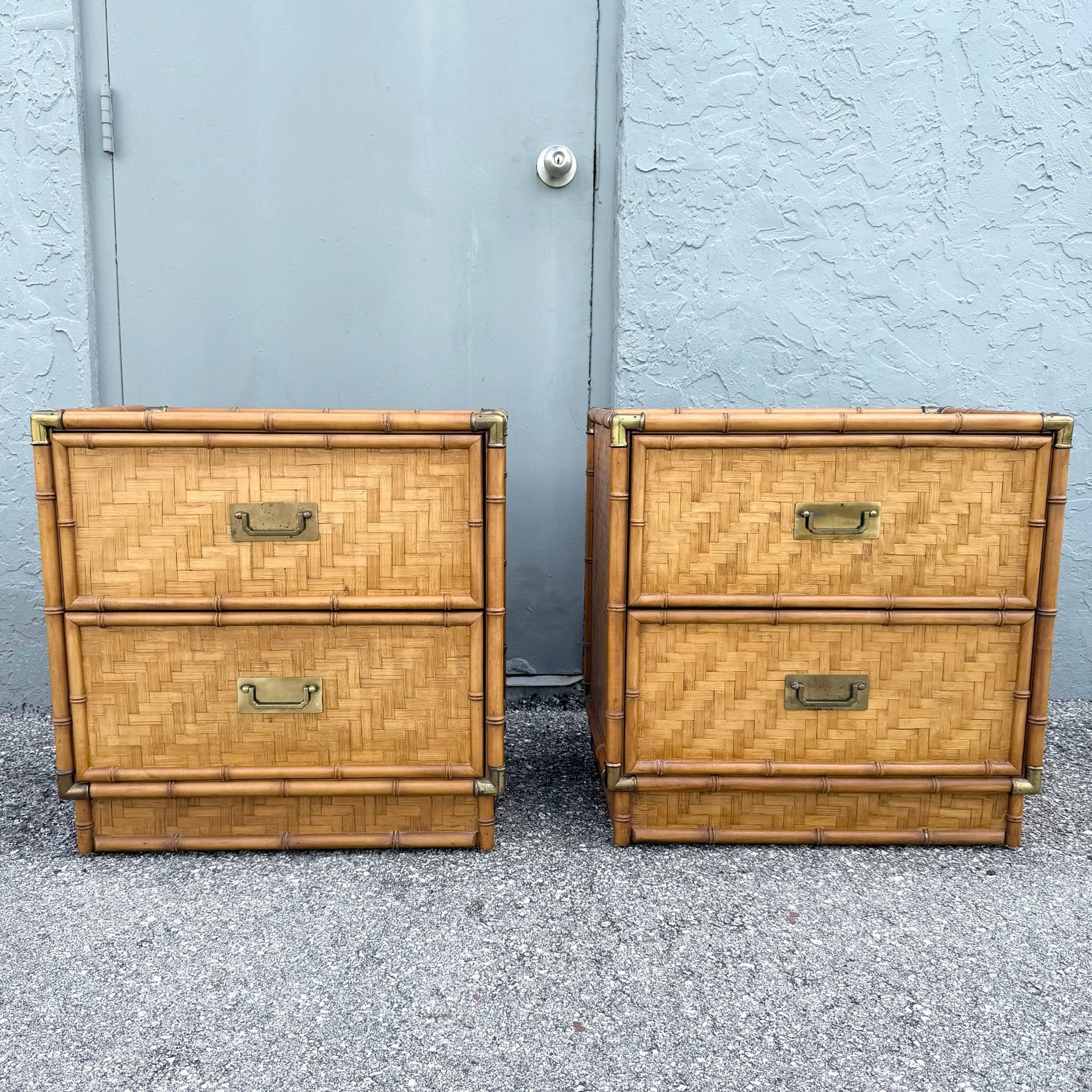 Boho Chic Herringbone Wicker Faux Bamboo Nightstands/Commodes by Dixie - A Pair Dolphin & Flamingo