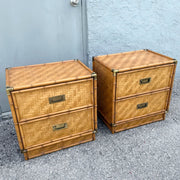 Boho Chic Herringbone Wicker Faux Bamboo Nightstands/Commodes by Dixie - A Pair Dolphin & Flamingo
