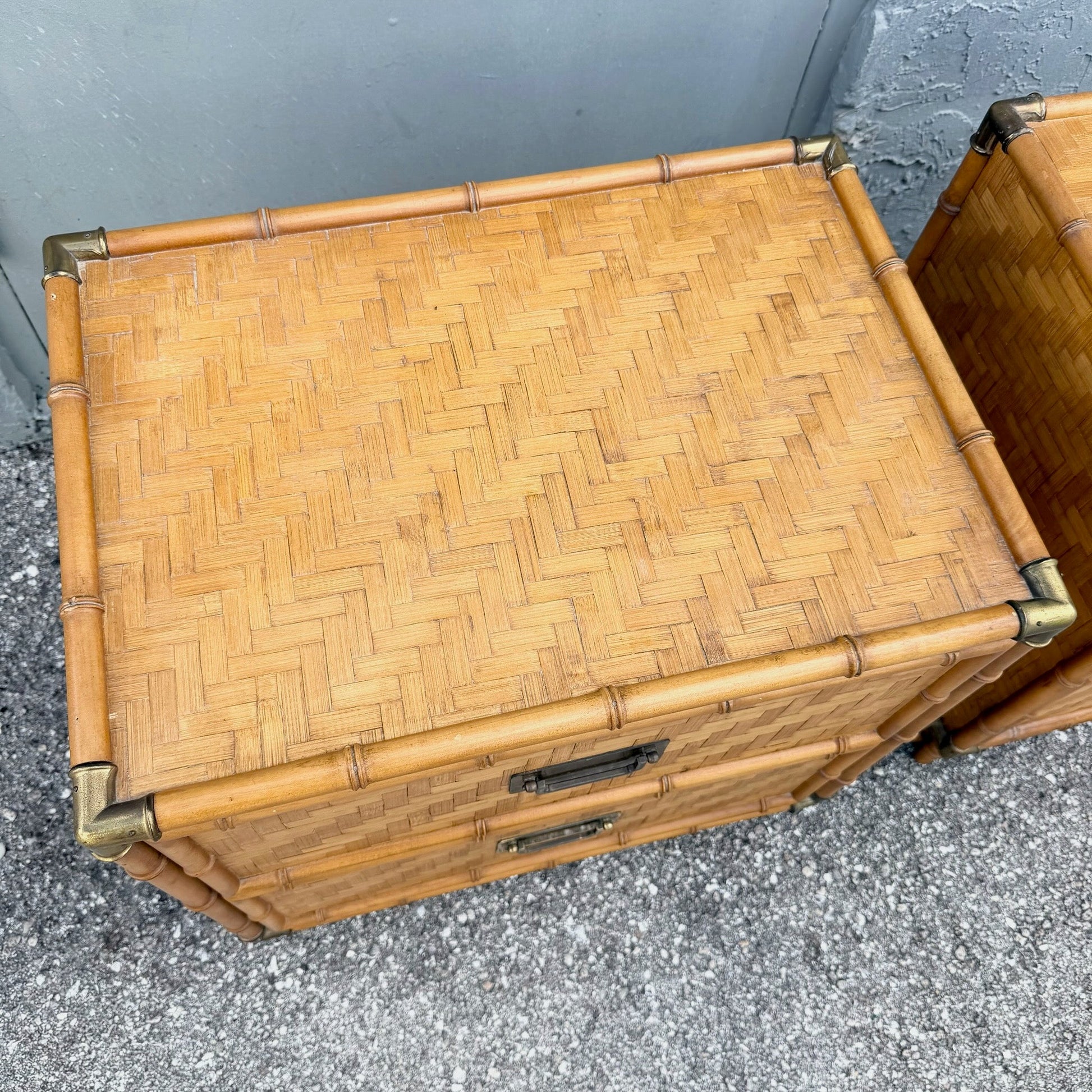 Boho Chic Herringbone Wicker Faux Bamboo Nightstands/Commodes by Dixie - A Pair Dolphin & Flamingo