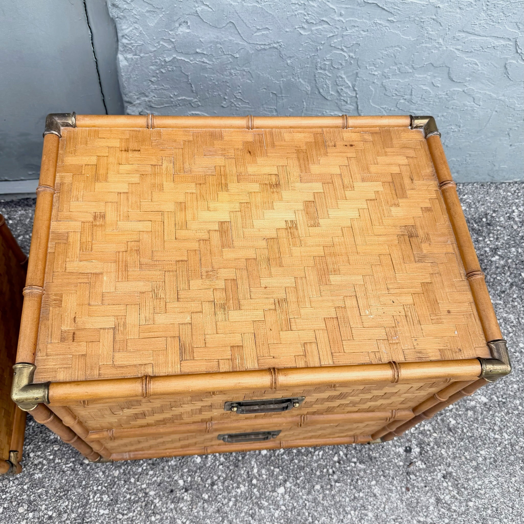 Boho Chic Herringbone Wicker Faux Bamboo Nightstands/Commodes by Dixie - A Pair Dolphin & Flamingo