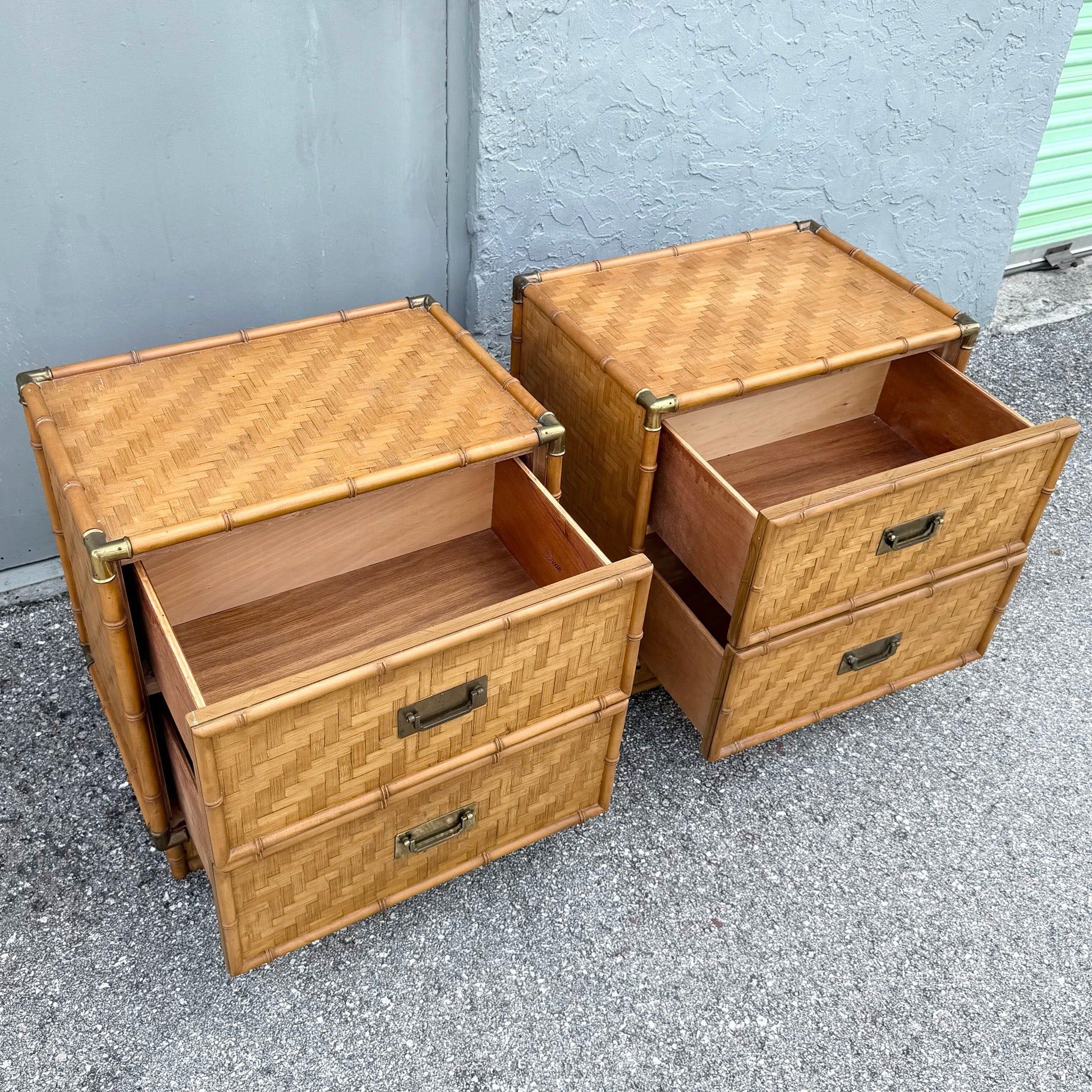 Boho Chic Herringbone Wicker Faux Bamboo Nightstands/Commodes by Dixie - A Pair Dolphin & Flamingo