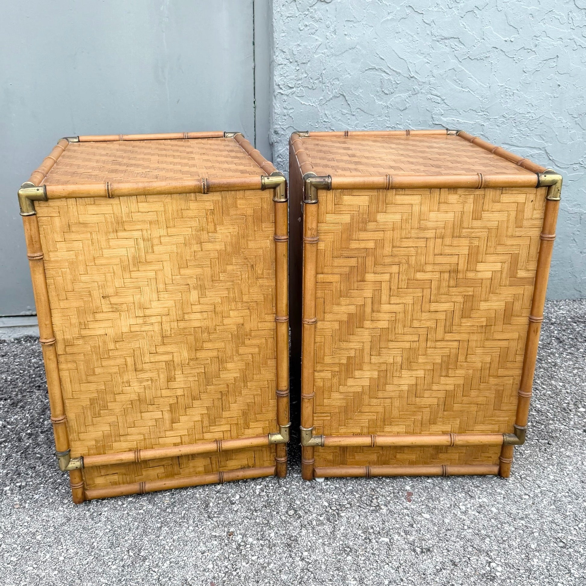 Boho Chic Herringbone Wicker Faux Bamboo Nightstands/Commodes by Dixie - A Pair Dolphin & Flamingo
