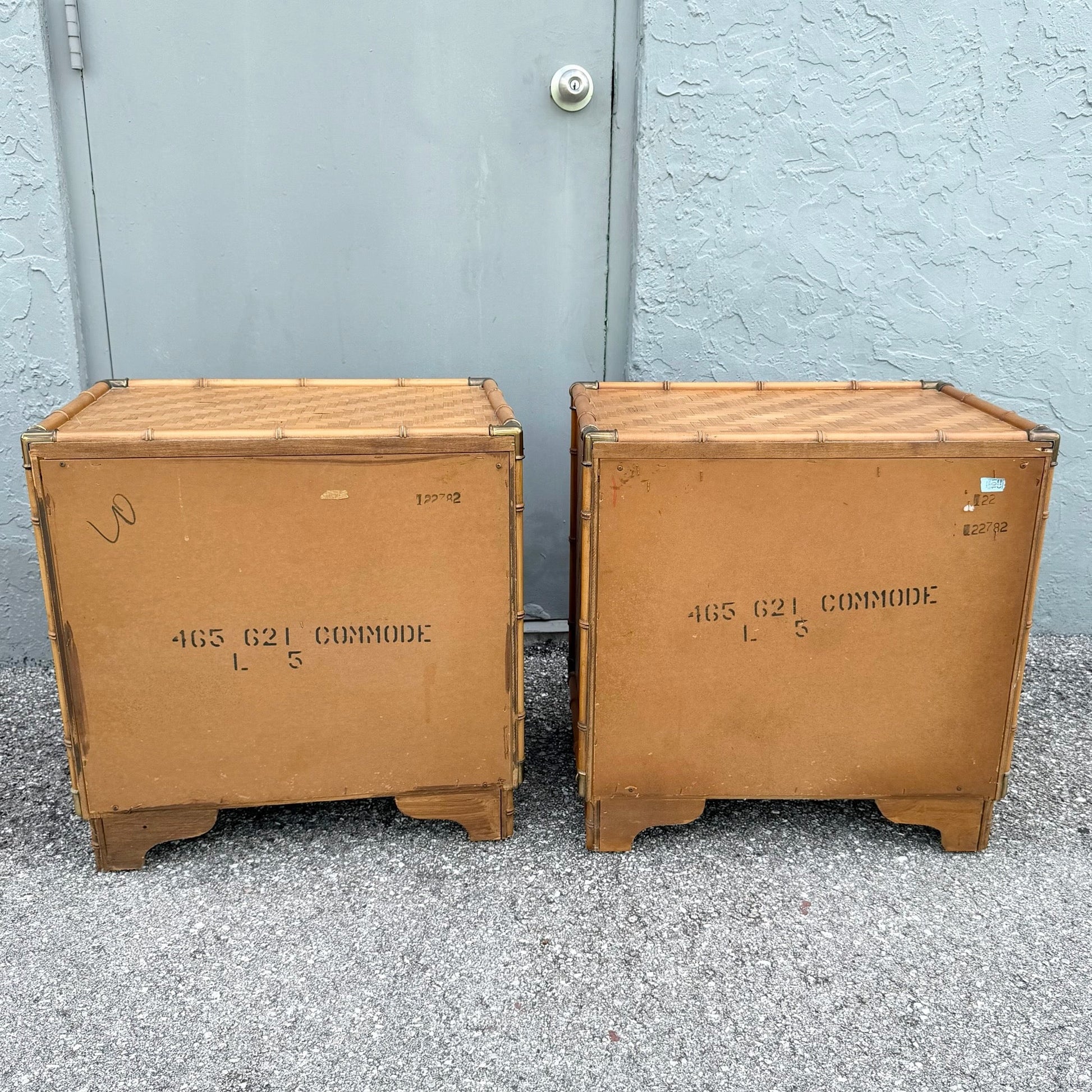 Boho Chic Herringbone Wicker Faux Bamboo Nightstands/Commodes by Dixie - A Pair Dolphin & Flamingo