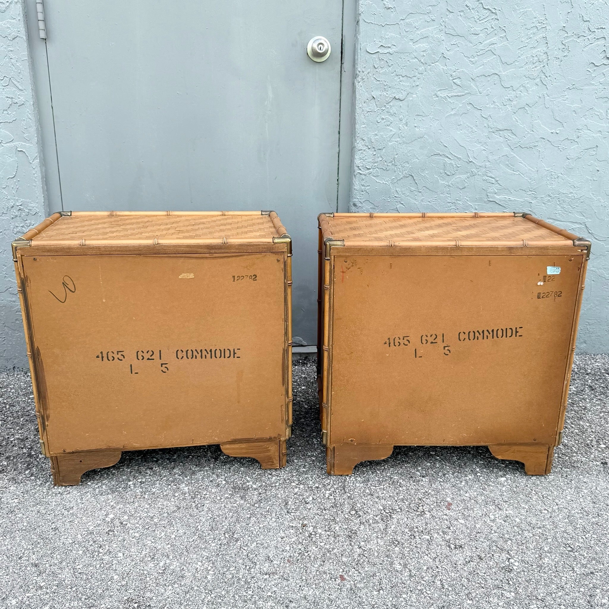 Boho Chic Herringbone Wicker Faux Bamboo Nightstands/Commodes by Dixie - A Pair Dolphin & Flamingo
