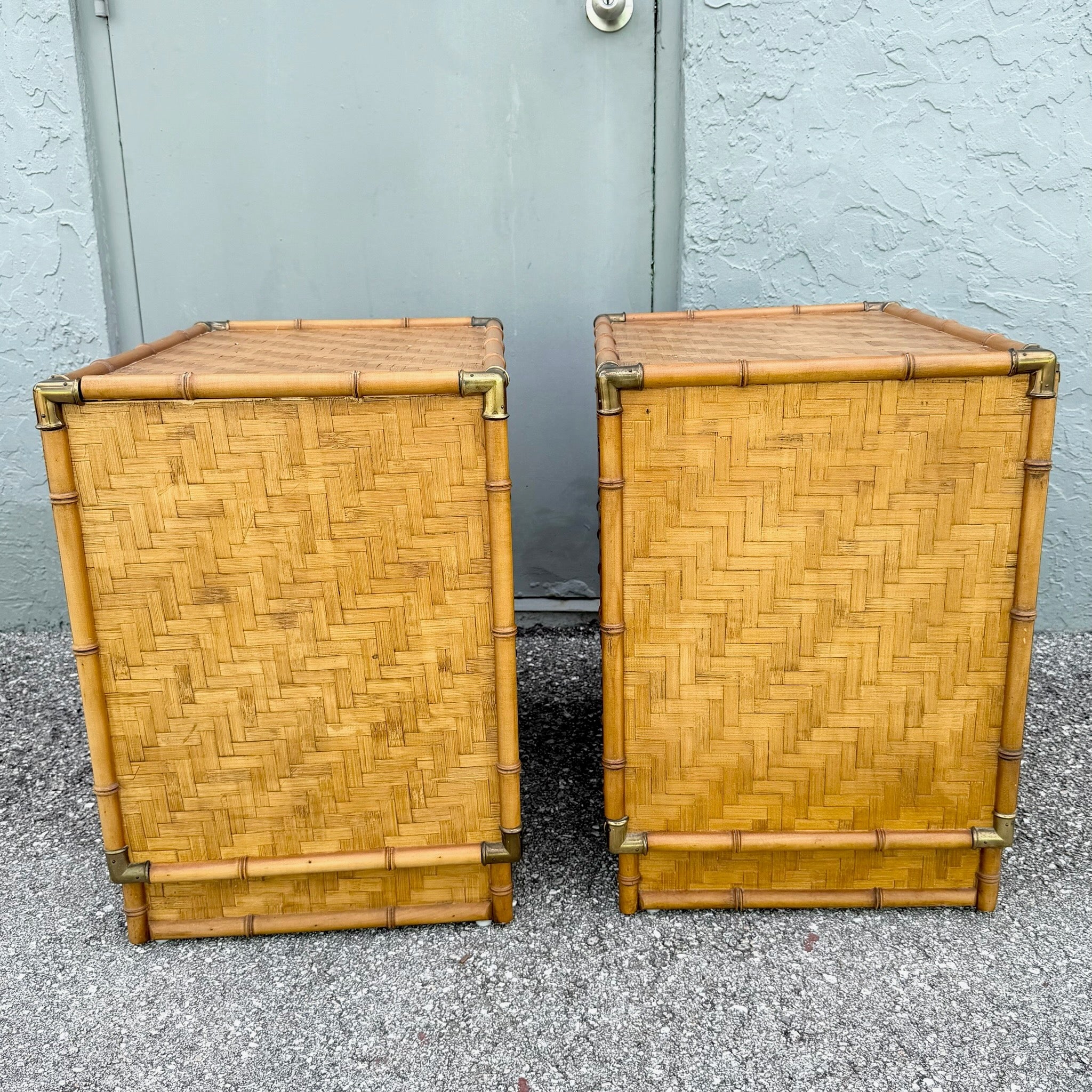 Boho Chic Herringbone Wicker Faux Bamboo Nightstands/Commodes by Dixie - A Pair Dolphin & Flamingo