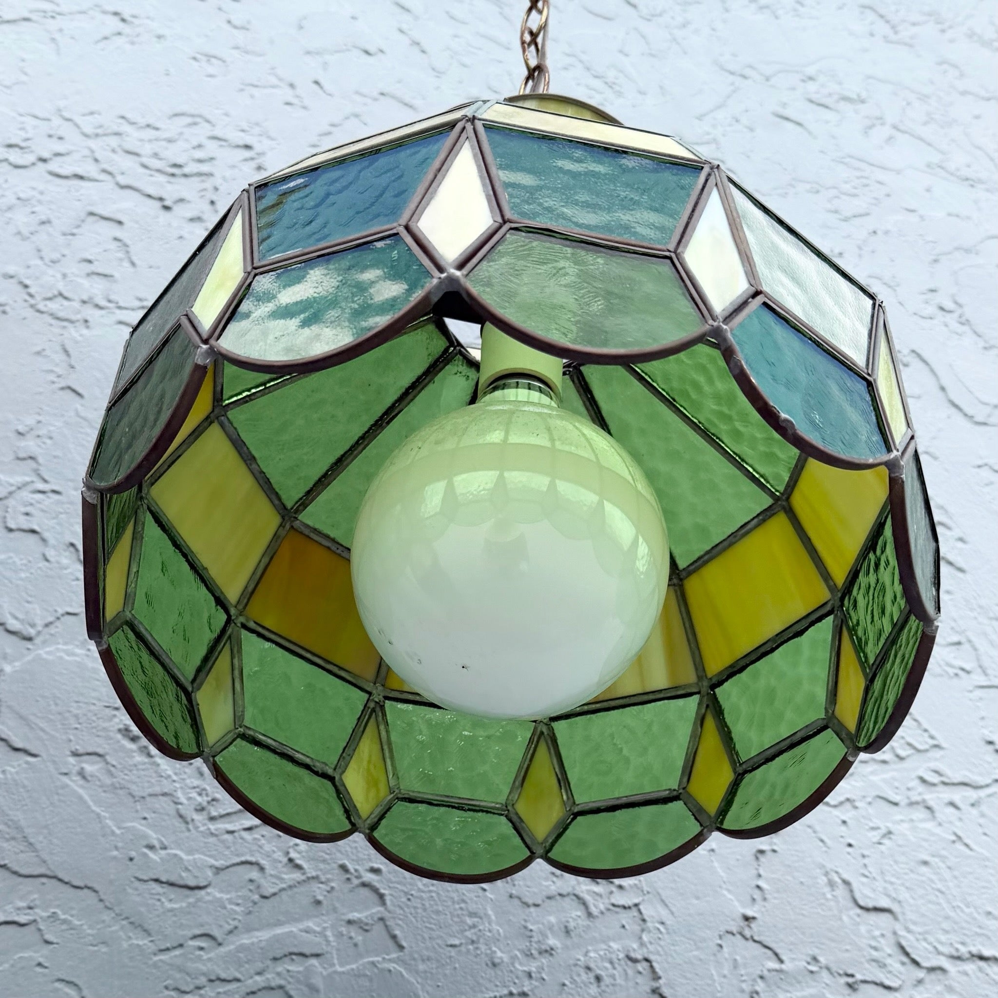 Mid Century Green Stained Glass Pendant Lamp Dolphin & Flamingo